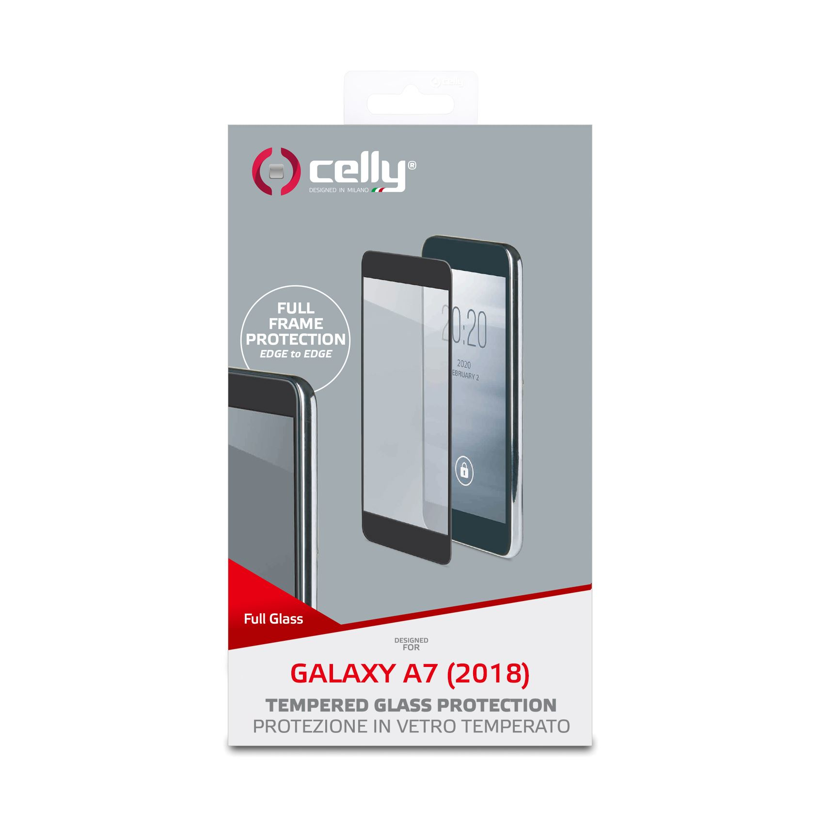 Confezione per una protezione schermo Galaxy A7 (2018). Mostra il telefono e la protezione. Testo: 'Full Frame'.