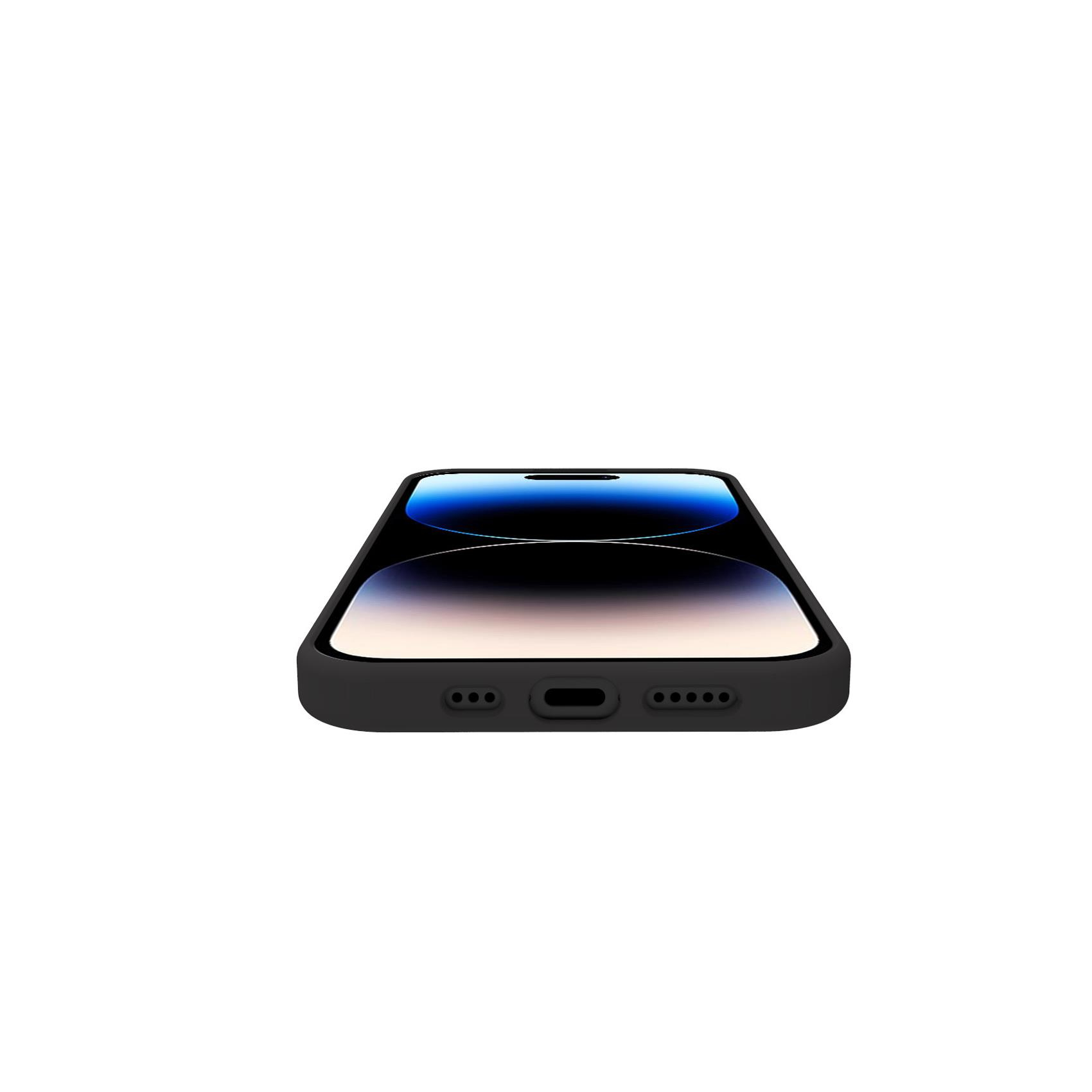 Telefono con custodia nera. Il telefono è disteso, mostrando la parte inferiore.