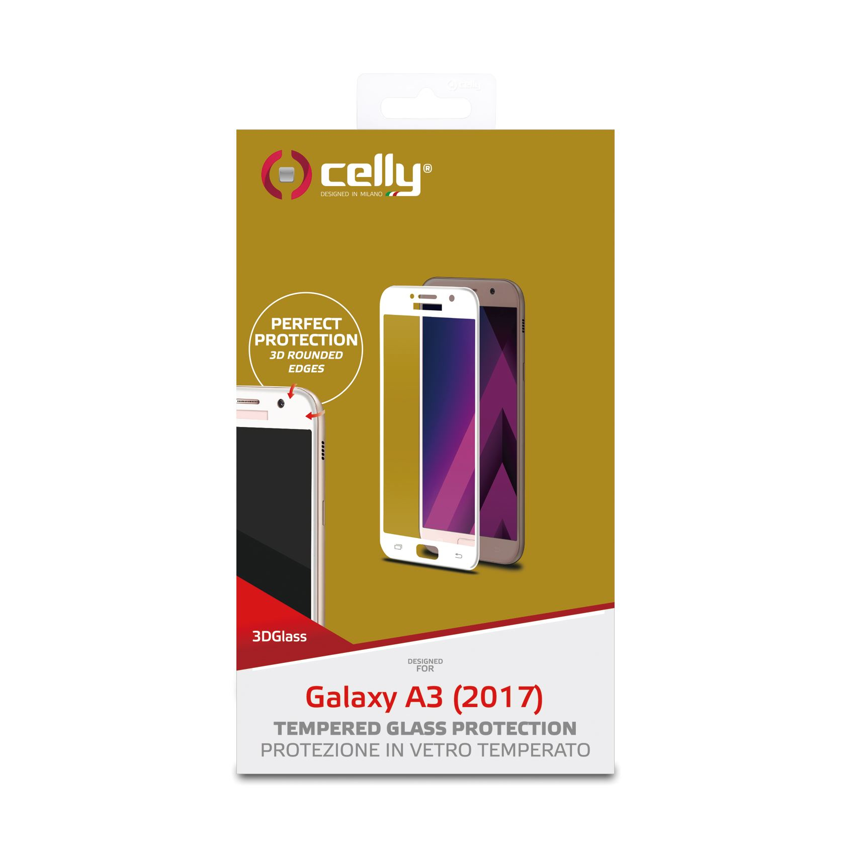 Confezione con telefono e protezione schermo. Testo: "Galaxy A3 (2017) Tempered Glass Protection".