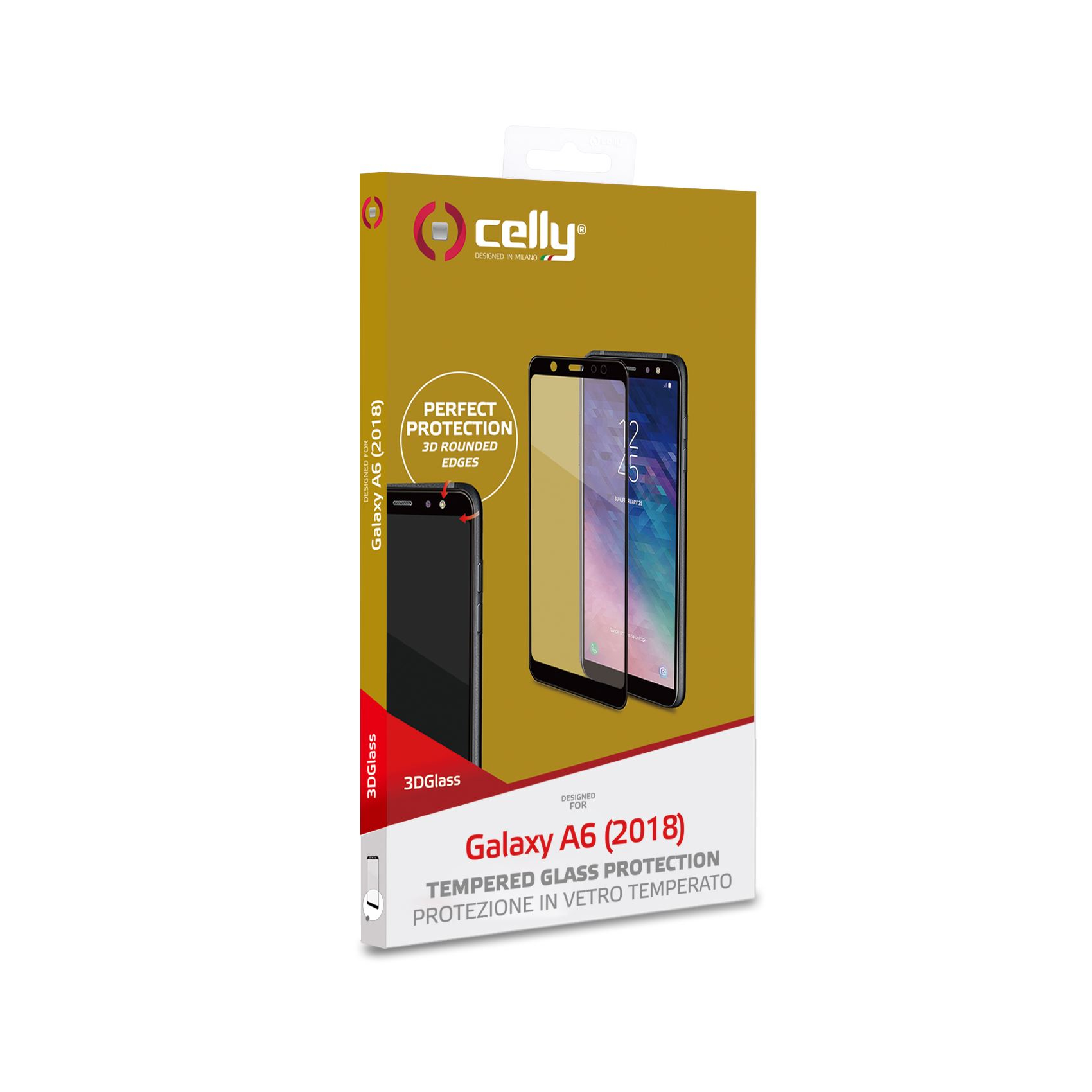 Confezione con telefono e protezione schermo. Testo: "Galaxy A6 (2018) Tempered Glass Protection".