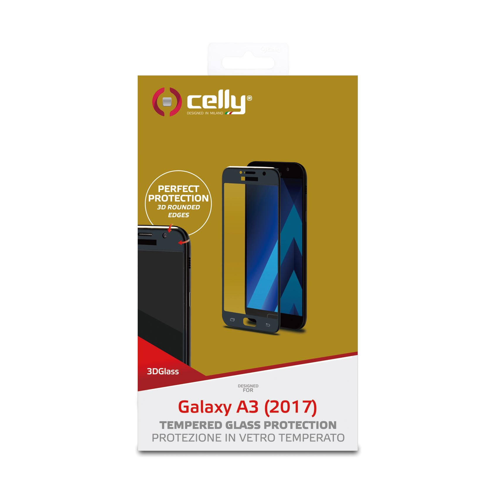 Confezione per una protezione schermo Galaxy A3 (2017). Mostra il telefono e la protezione. Testo: 'Perfect Protection'.