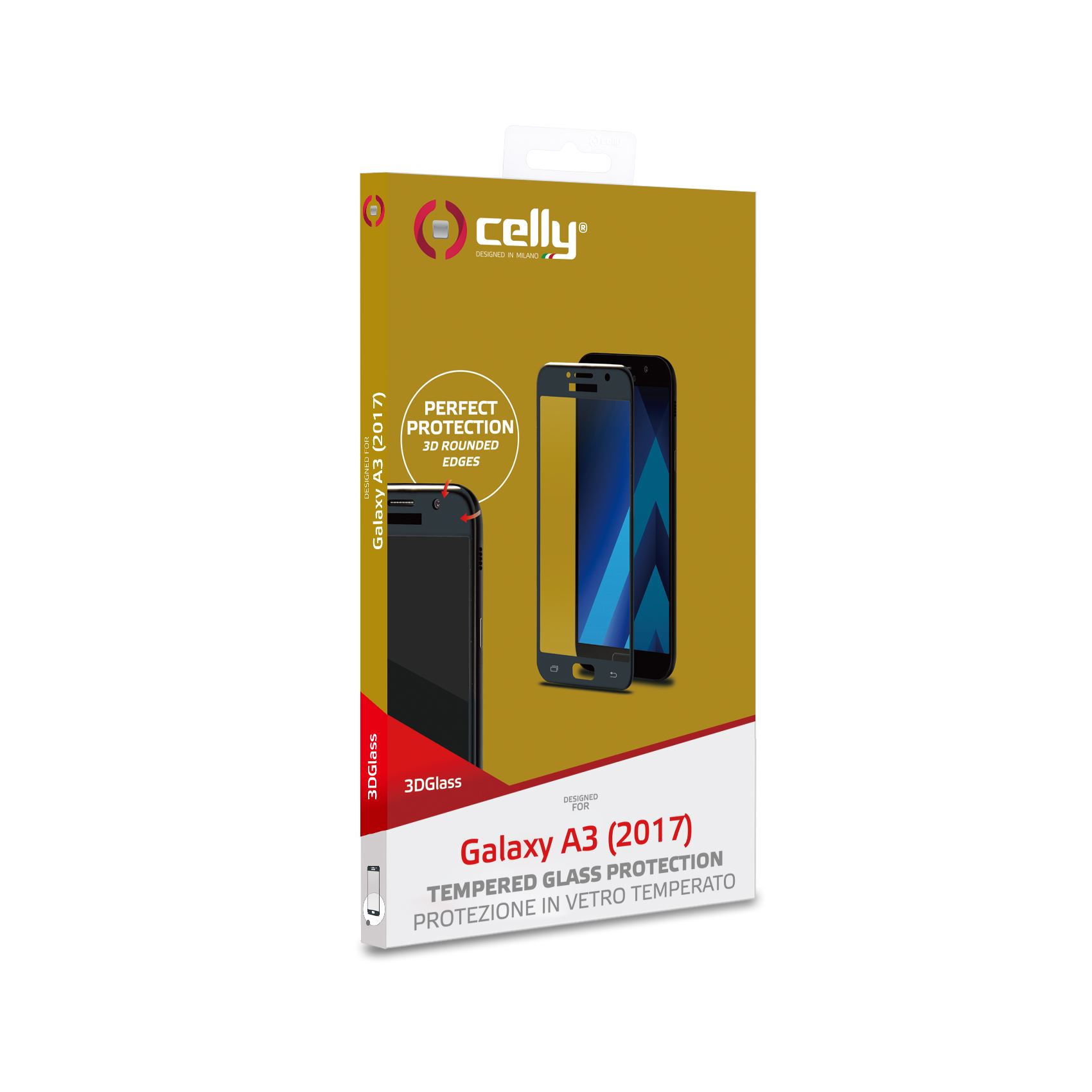 Confezione con telefono e protezione schermo. Testo: "Galaxy A3 (2017) Tempered Glass Protection".