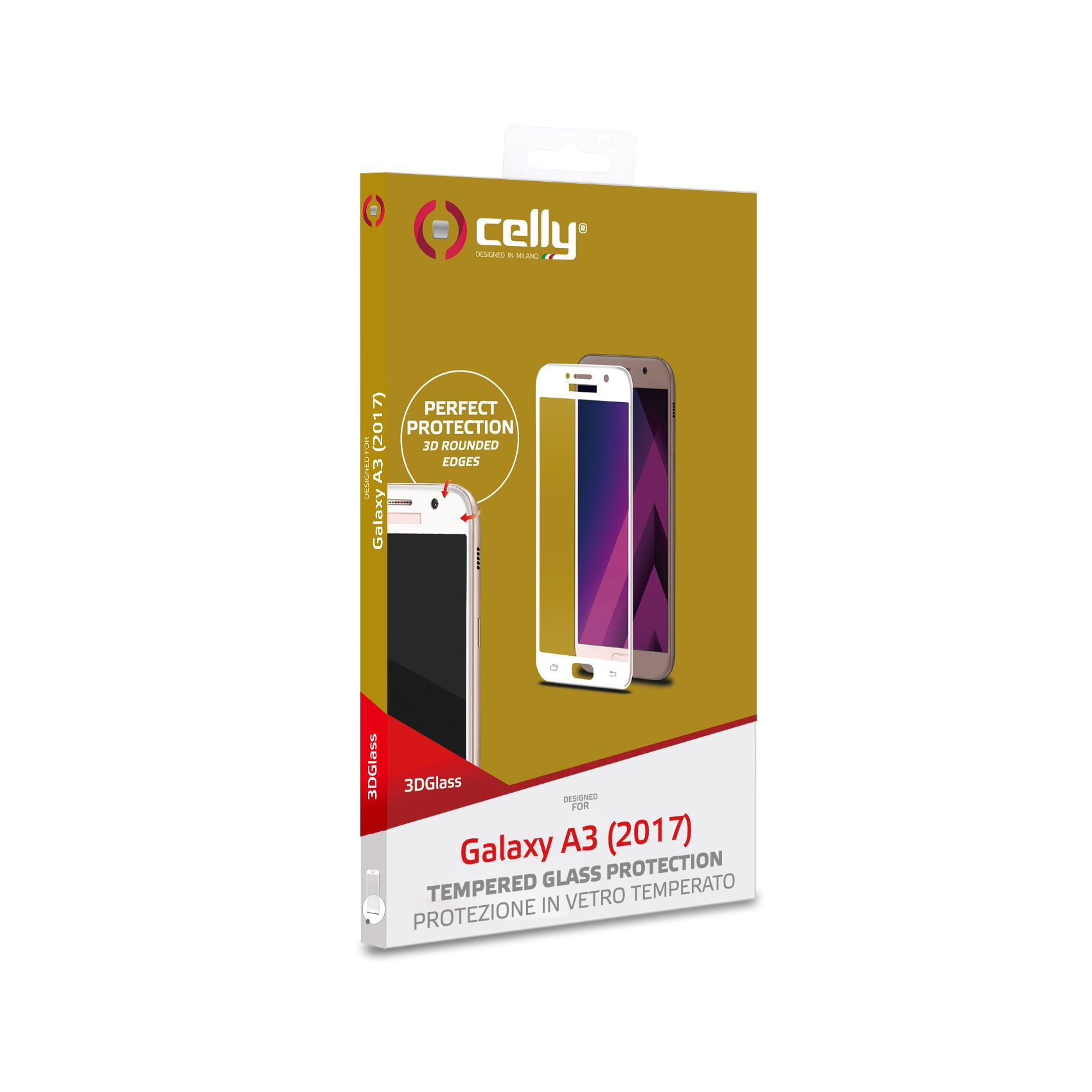 Confezione per una protezione schermo Galaxy A3 (2017). Mostra il telefono e la protezione. Testo: 'Perfect Protection'.
