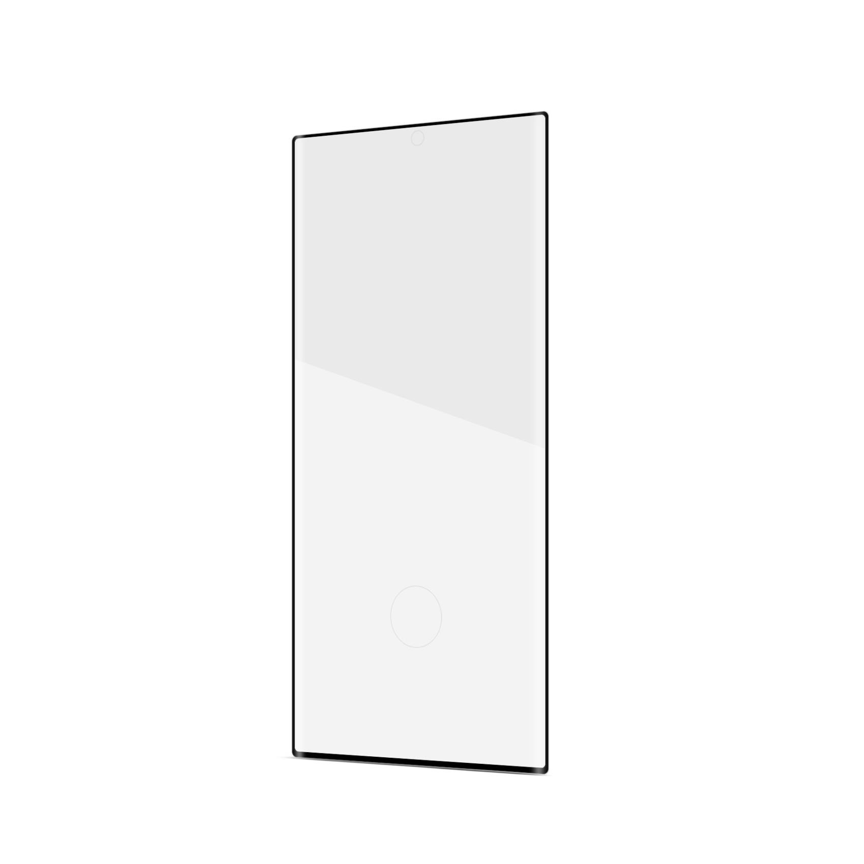 Przezroczysta folia ochronna na ekran. Ma czarne krawędzie. Białe tło.