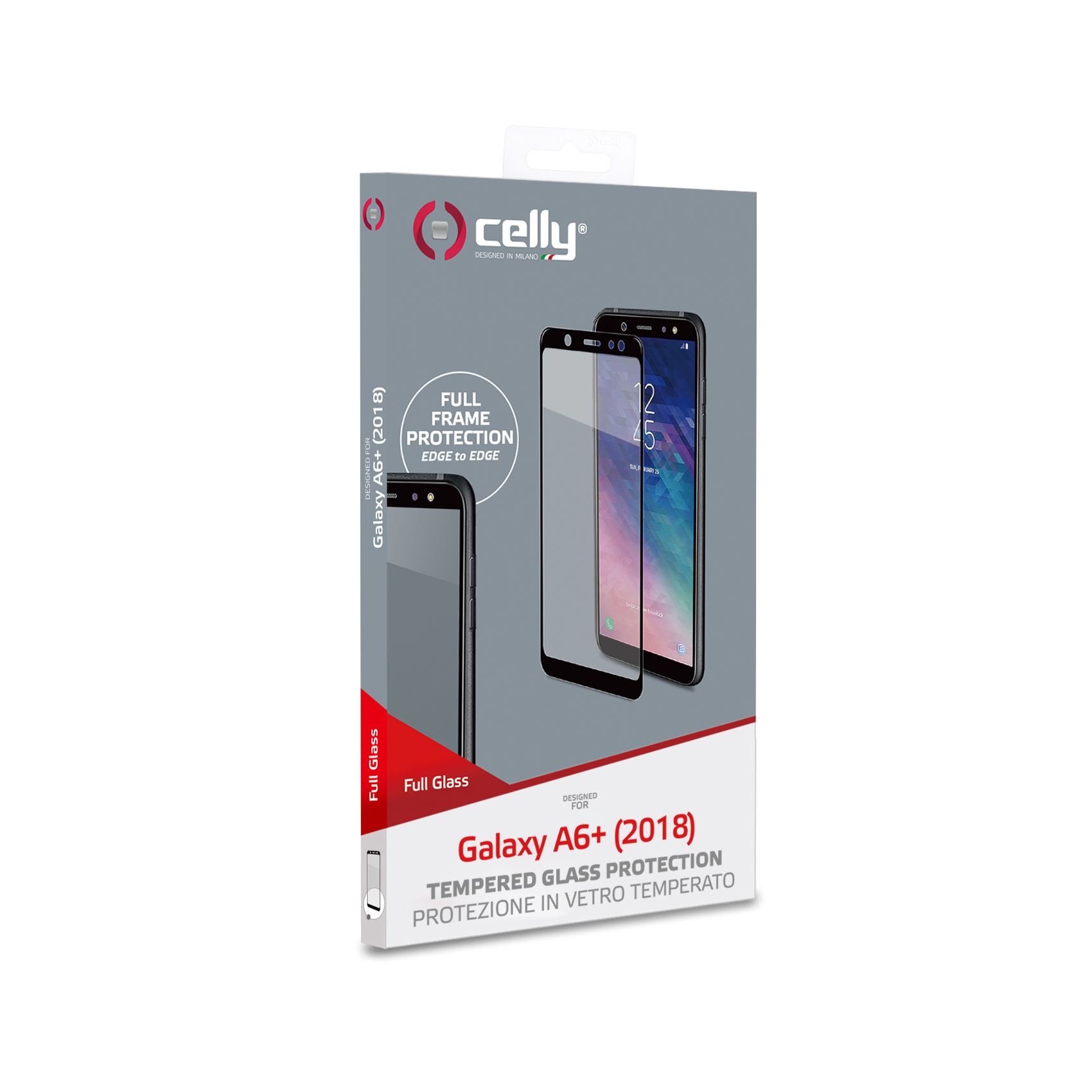 Una scatola con un proteggi schermo per telefono all'interno. La scatola ha un'immagine del telefono e il nome del prodotto.