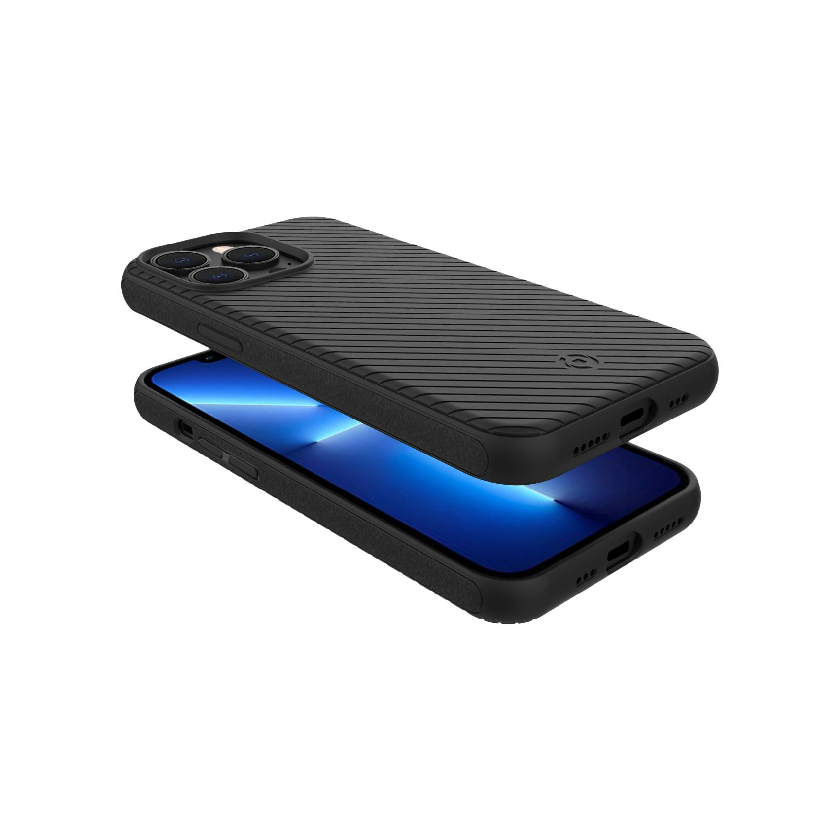 Una custodia per telefono aperta sopra un telefono, nero e blu.