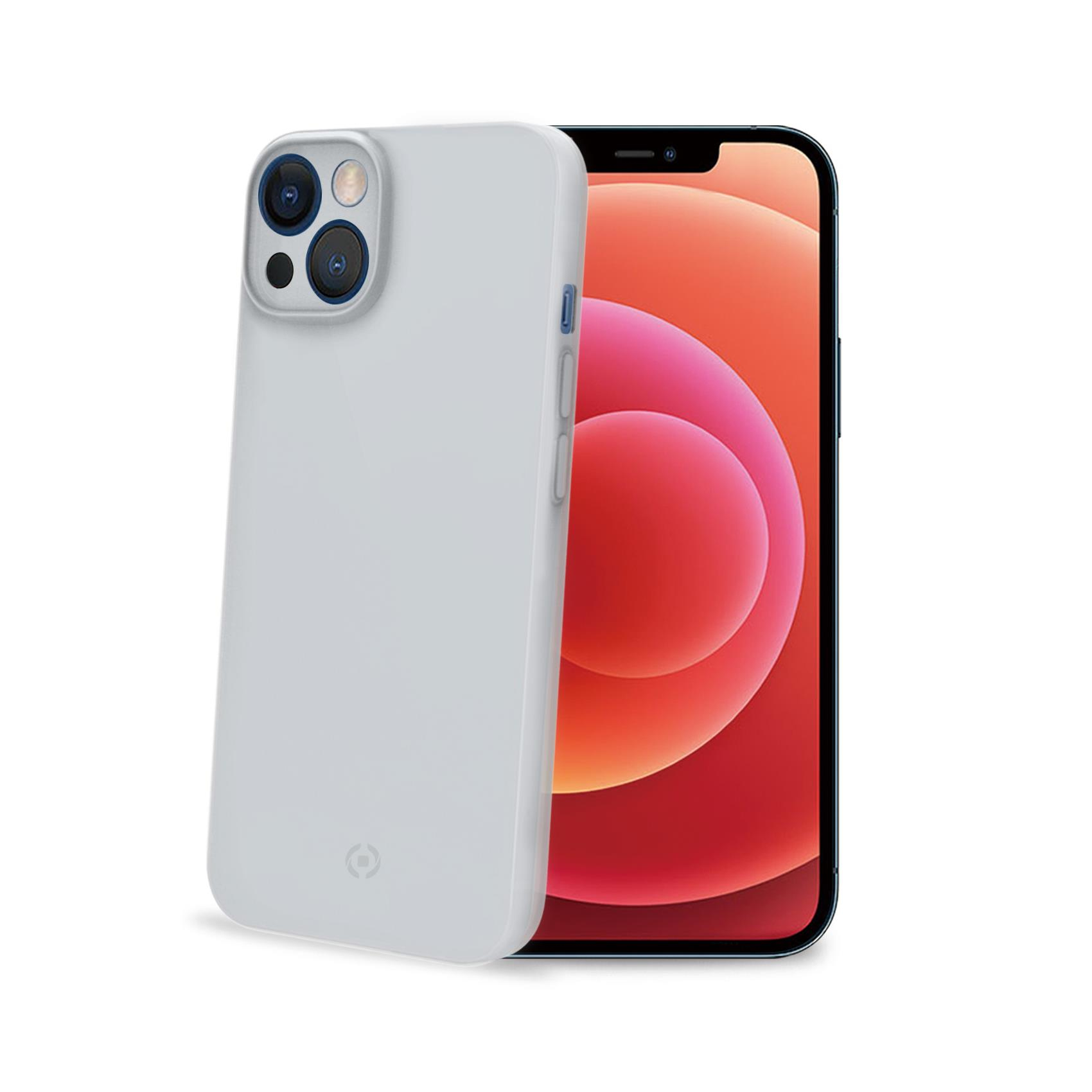 Telefono con custodia grigio chiaro accanto. Schermo rosso e arancione. Sfondo bianco.