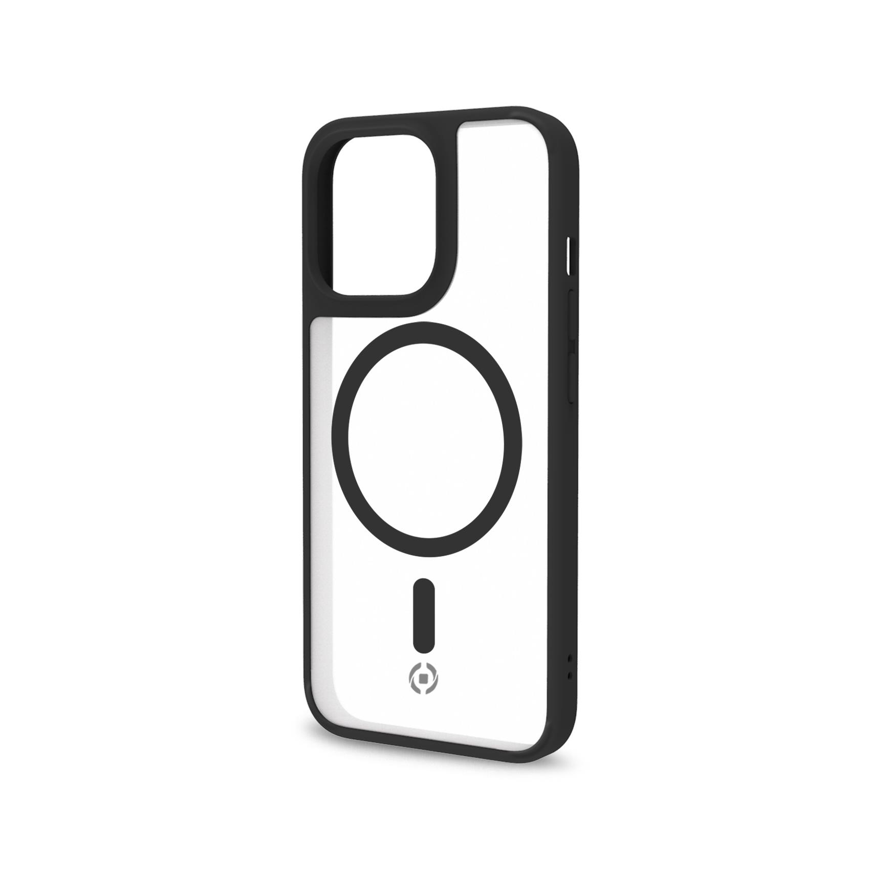 Una cover trasparente per telefono con cornice nera e un cerchio nero su sfondo bianco.