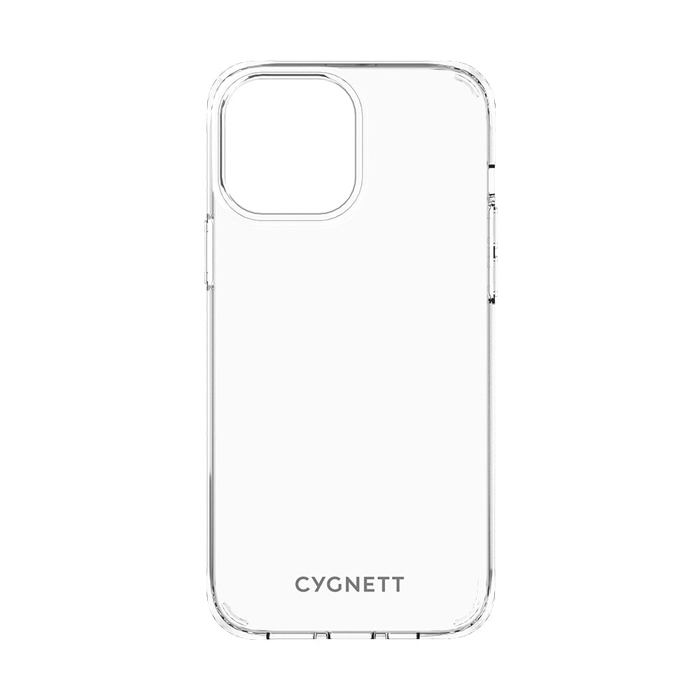 Transparente Handyhülle mit weißer Schrift. Hülle ist transparent. CYGNETT steht auf der Hülle.