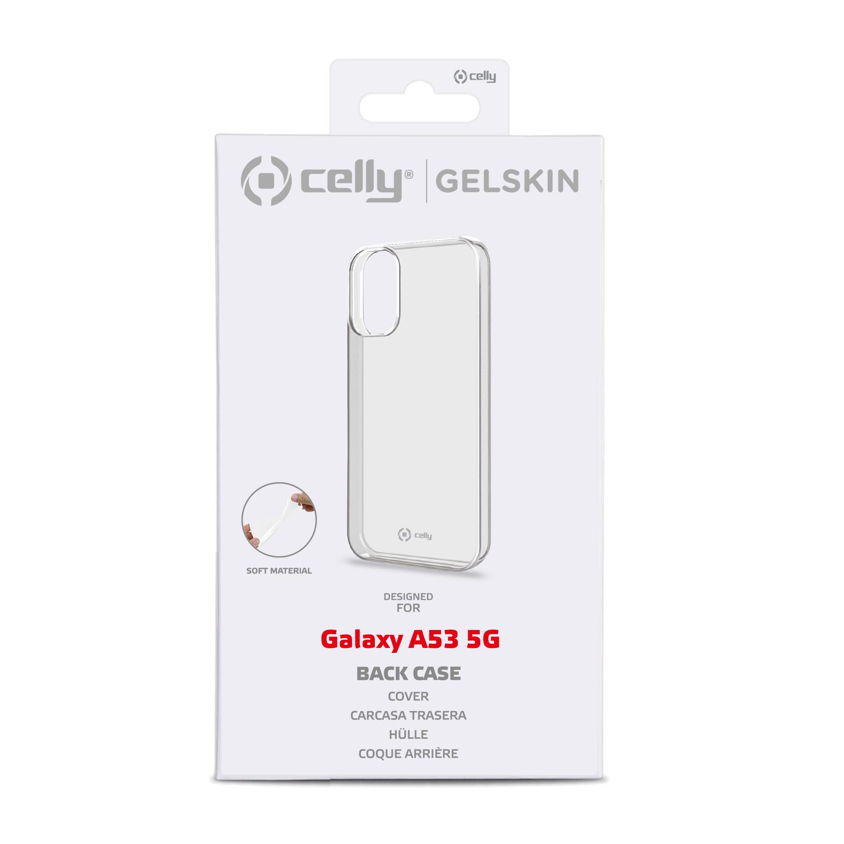 Scatola bianca con custodia trasparente. Testo: Galaxy A53 5G, Cover posteriore. La custodia è morbida.