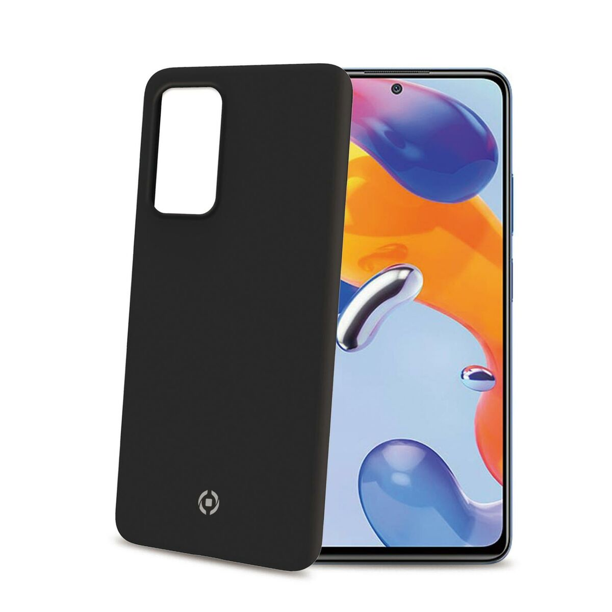 Telefono con custodia nera accanto. Schermo blu e arancione. Sfondo bianco.