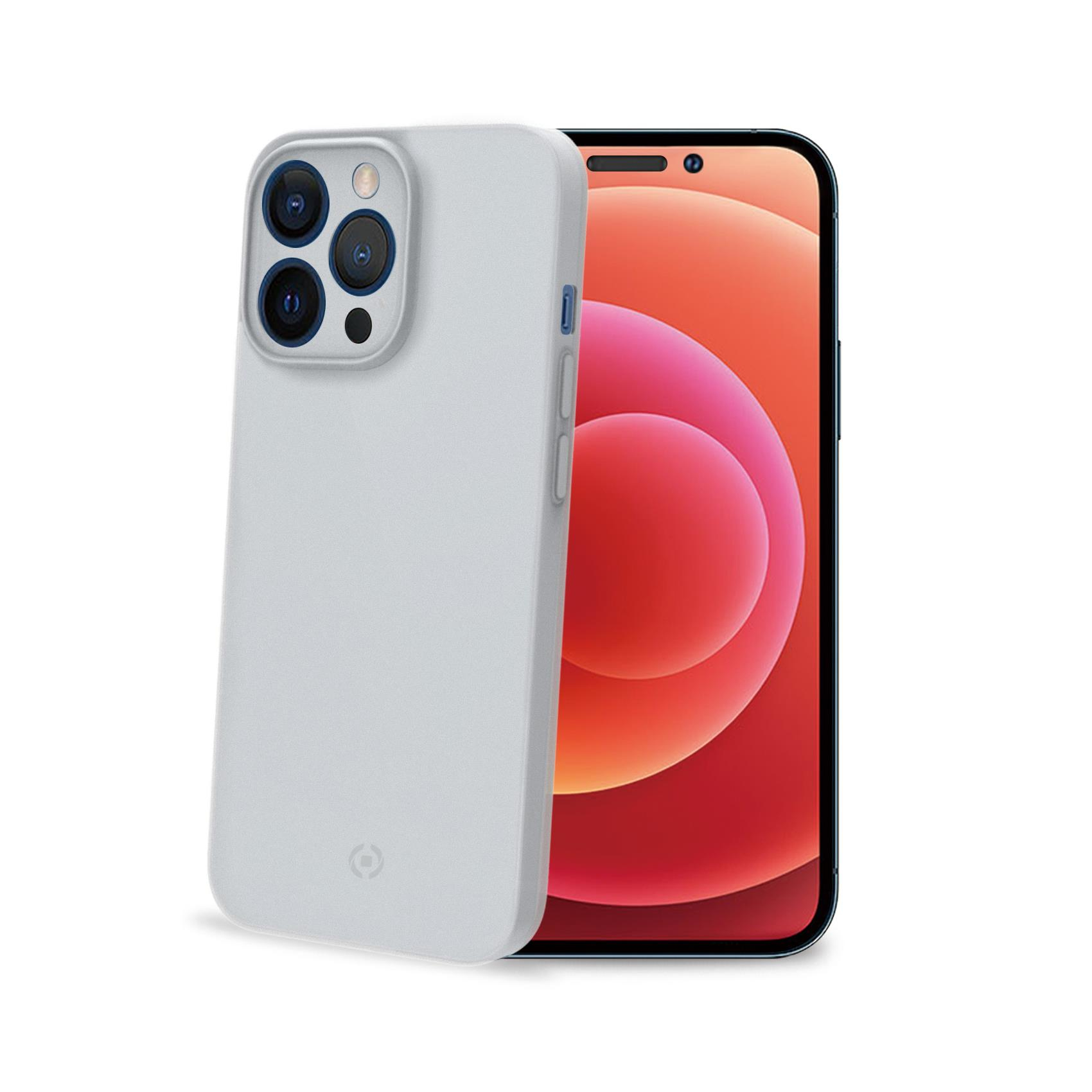Telefon mit hellgrauer Hülle daneben. Telefon hat orangefarbenen und roten Bildschirm. Weißer Hintergrund.