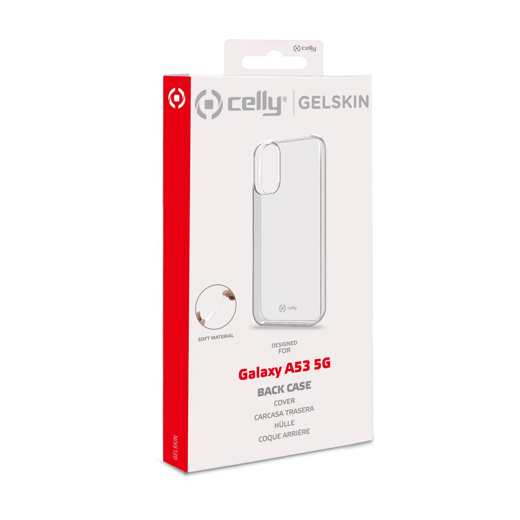Scatola trasparente per custodia del telefono. Testo: 'Designed for Galaxy A53 5G'.