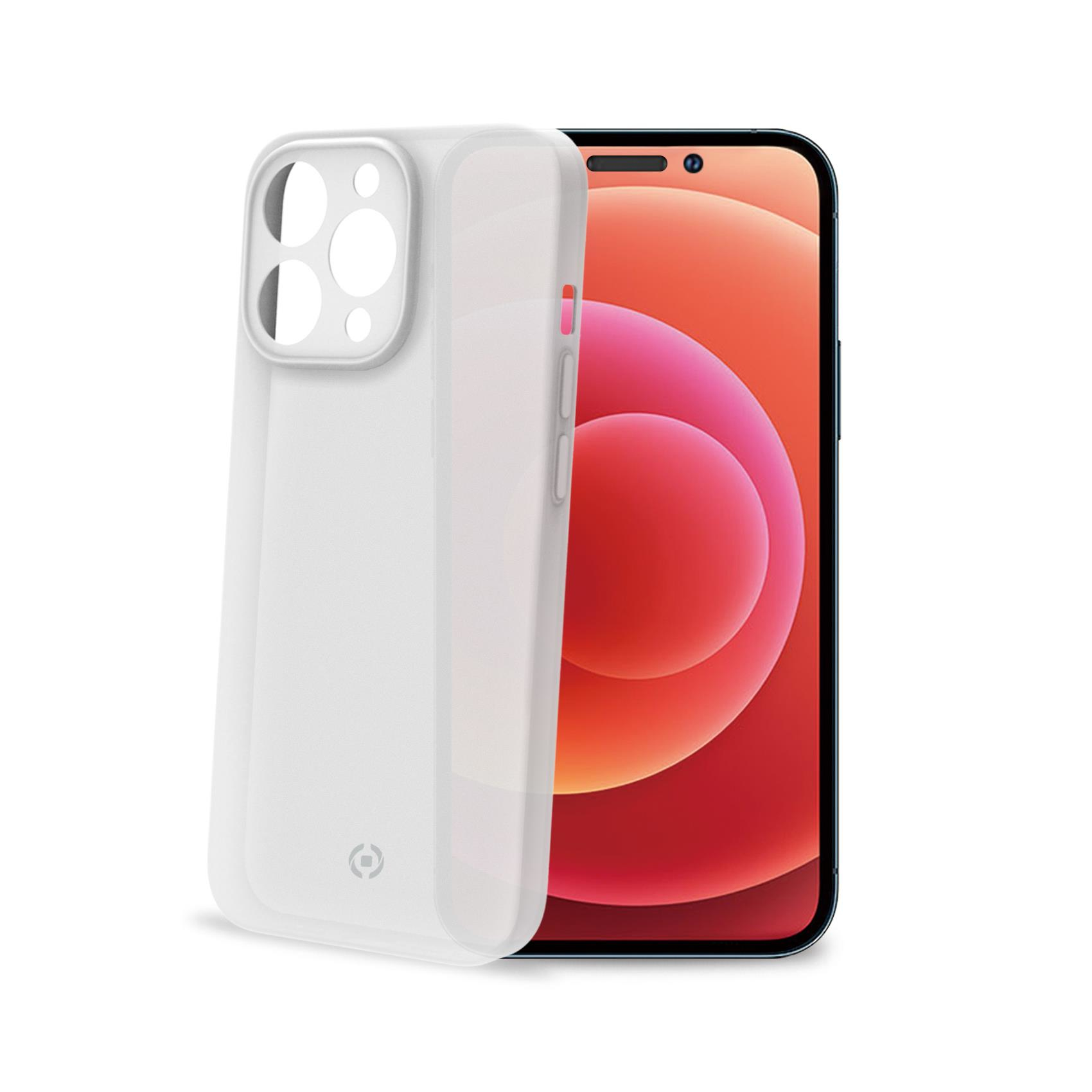 Weiße, transparente Handyhülle neben einem Telefon mit rotem und orangem Bildschirm.