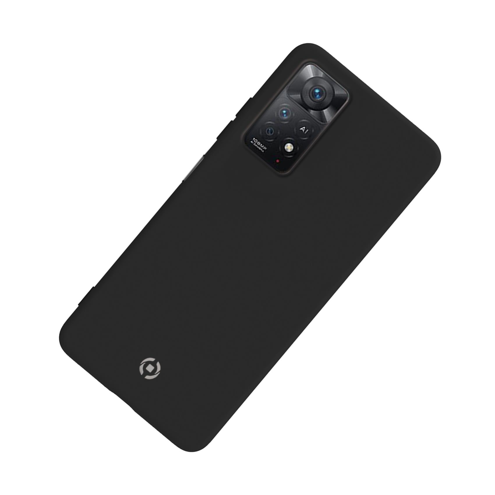 Custodia nera per telefono con sporgenza per la fotocamera in alto, logo bianco e sfondo nero.