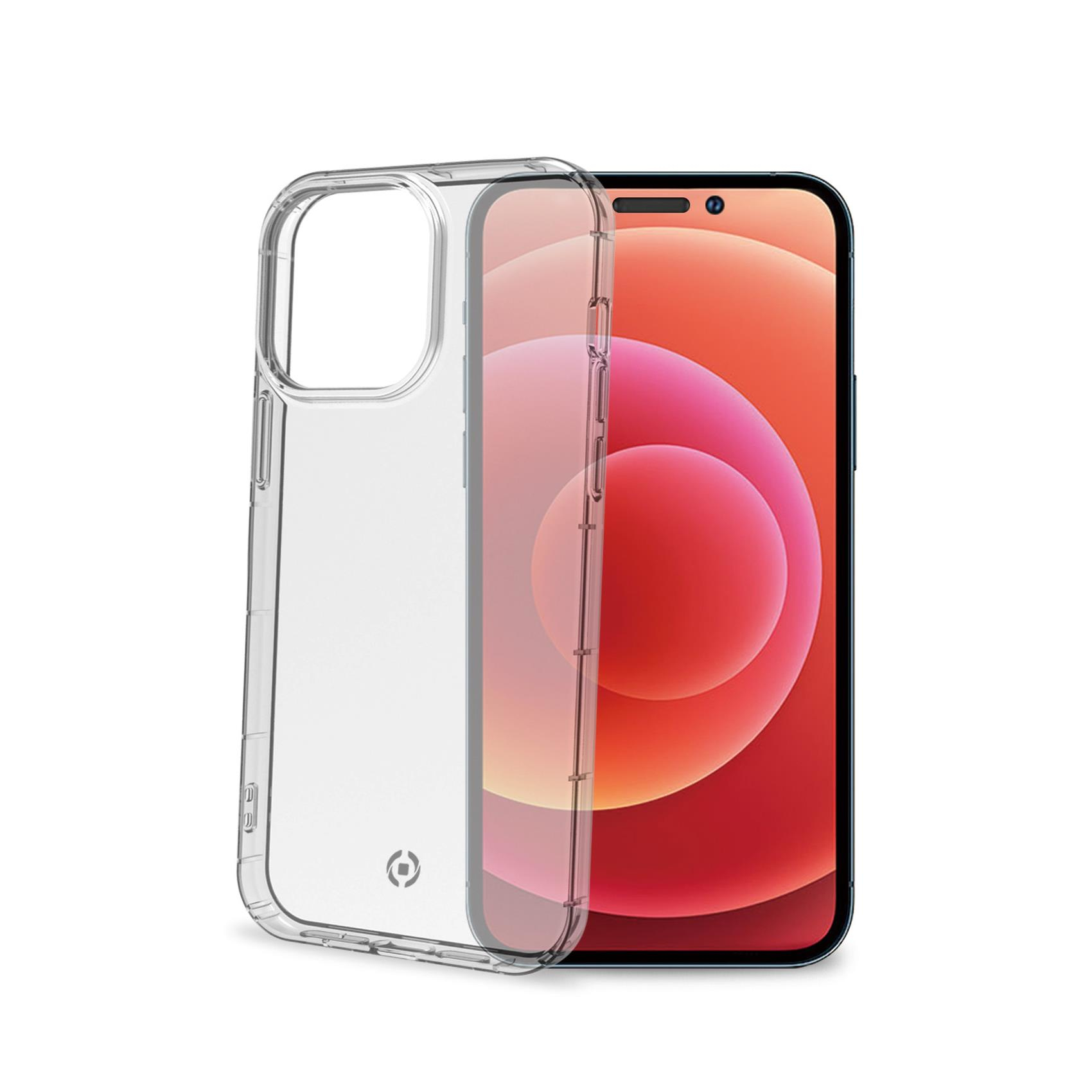 Custodia trasparente per telefono accanto a un telefono con schermo rosso e arancione.