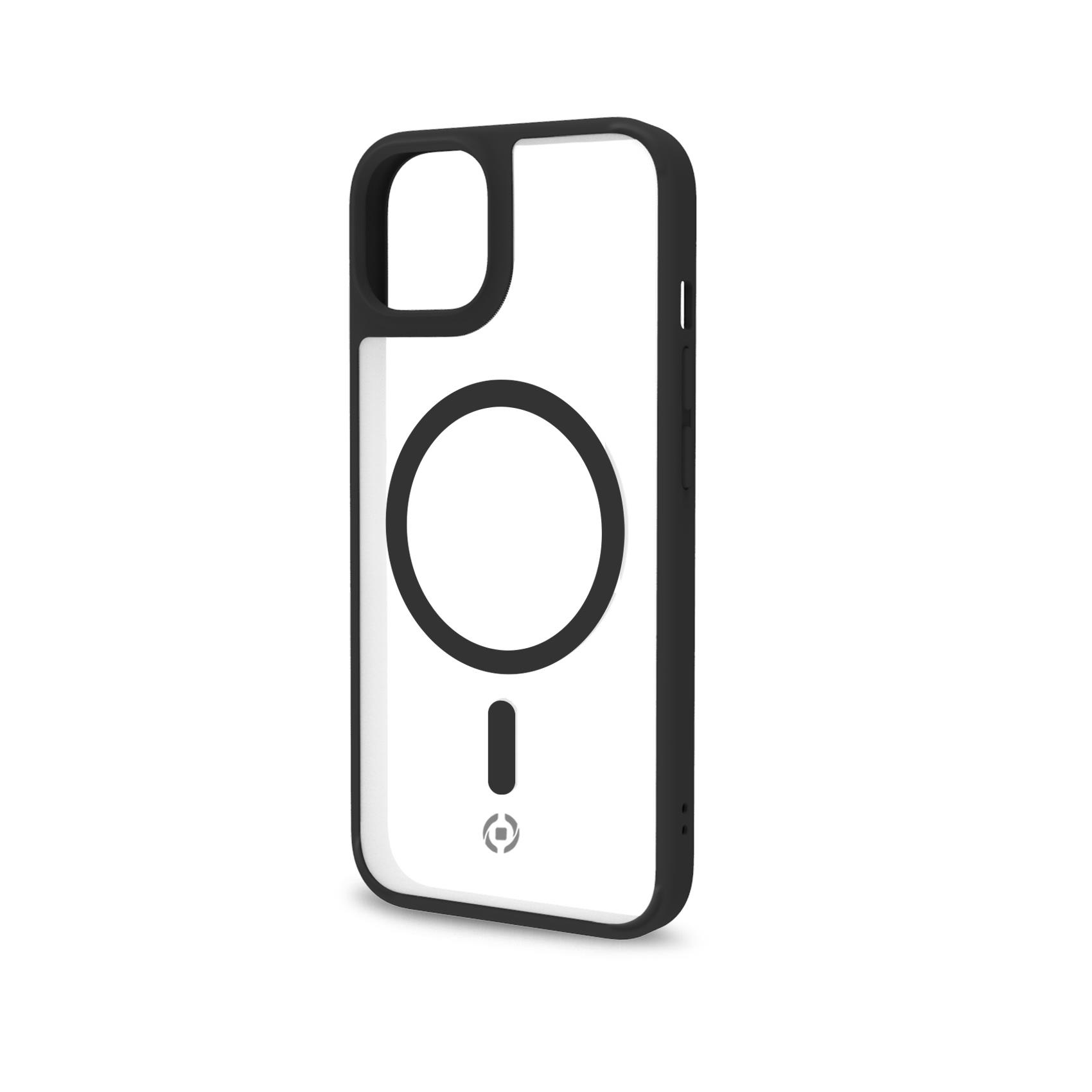 Custodia per telefono in bianco e nero con design a calamita circolare e piccolo logo in basso.