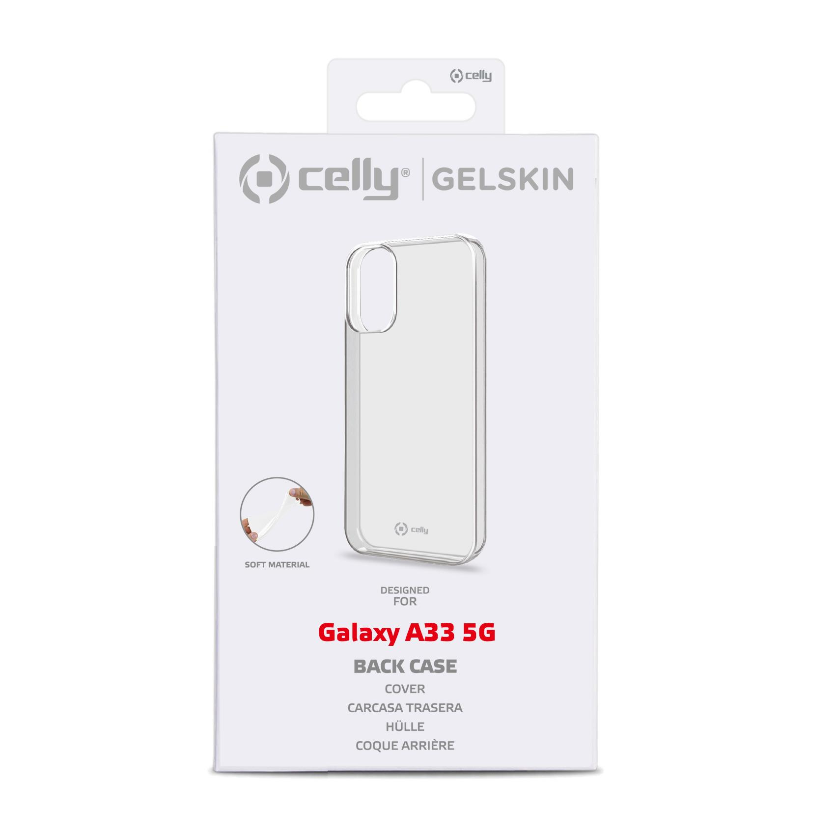 Scatola trasparente per custodia del telefono. Testo: 'Designed for Galaxy A33 5G'.