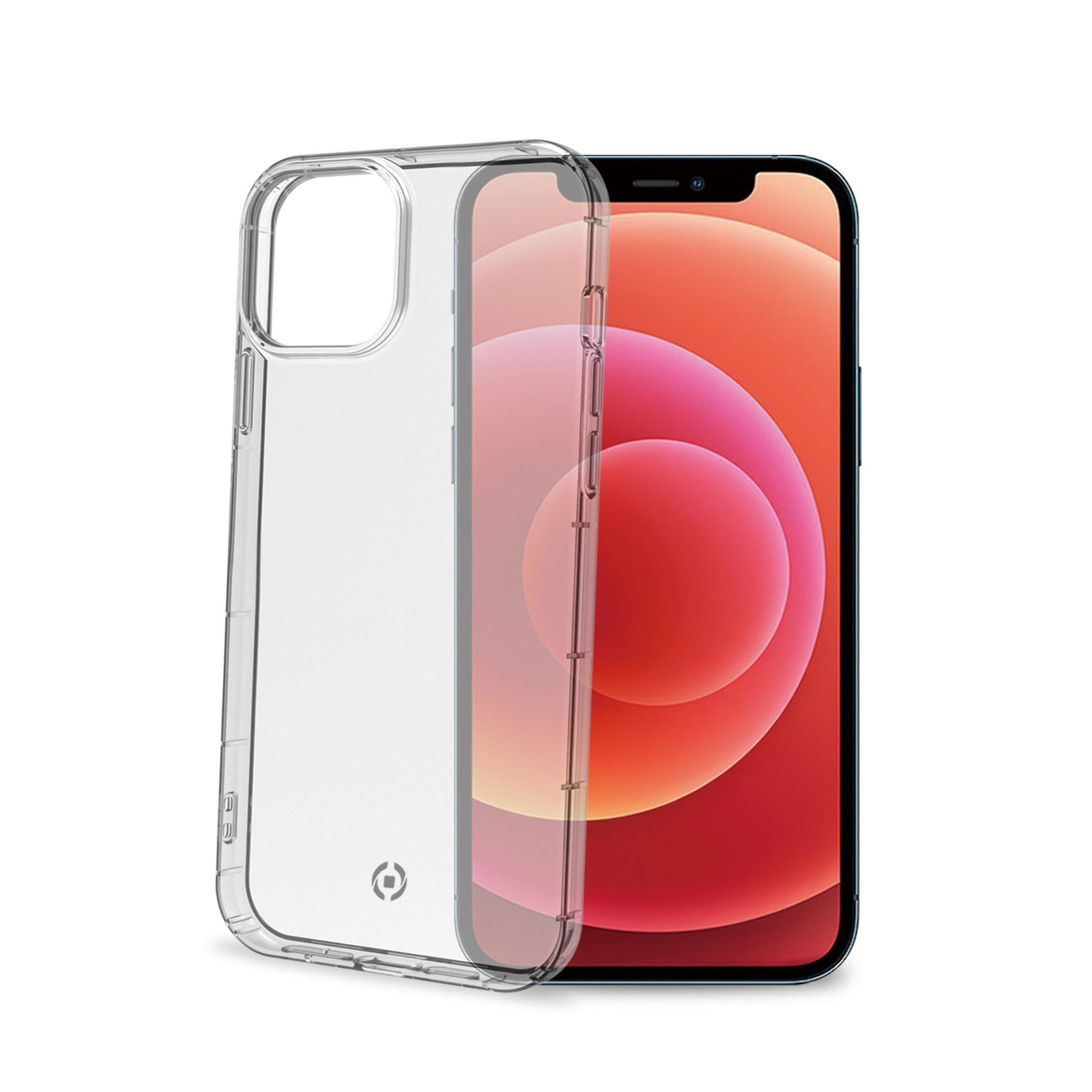 Custodia trasparente per telefono accanto a un telefono con schermo rosso e arancione.
