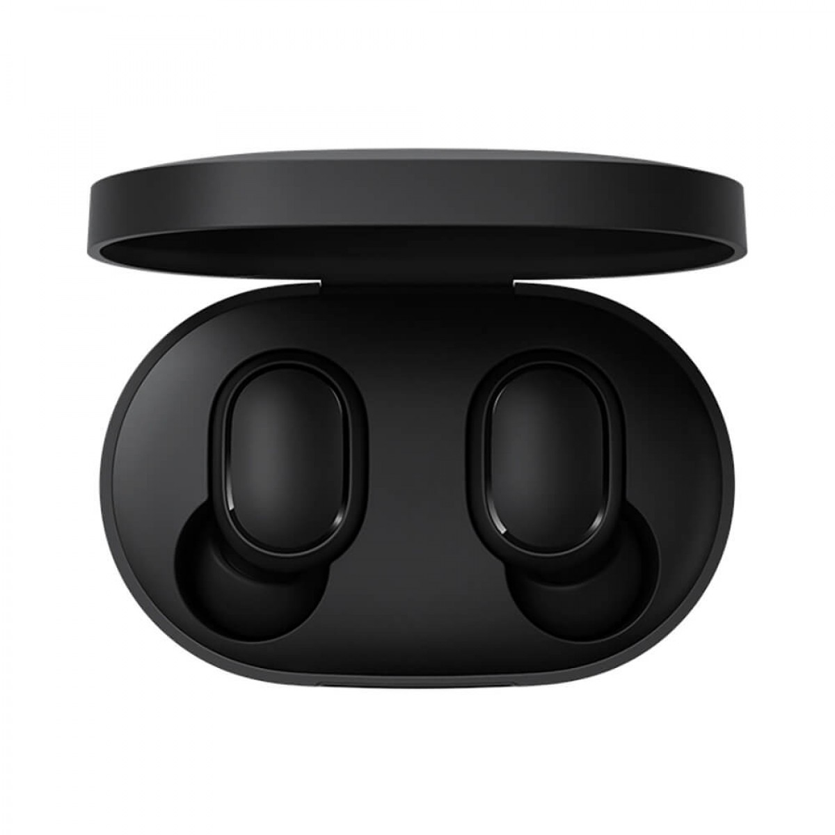 Estuche de carga de auriculares negro con la tapa abierta, contiene dos auriculares.