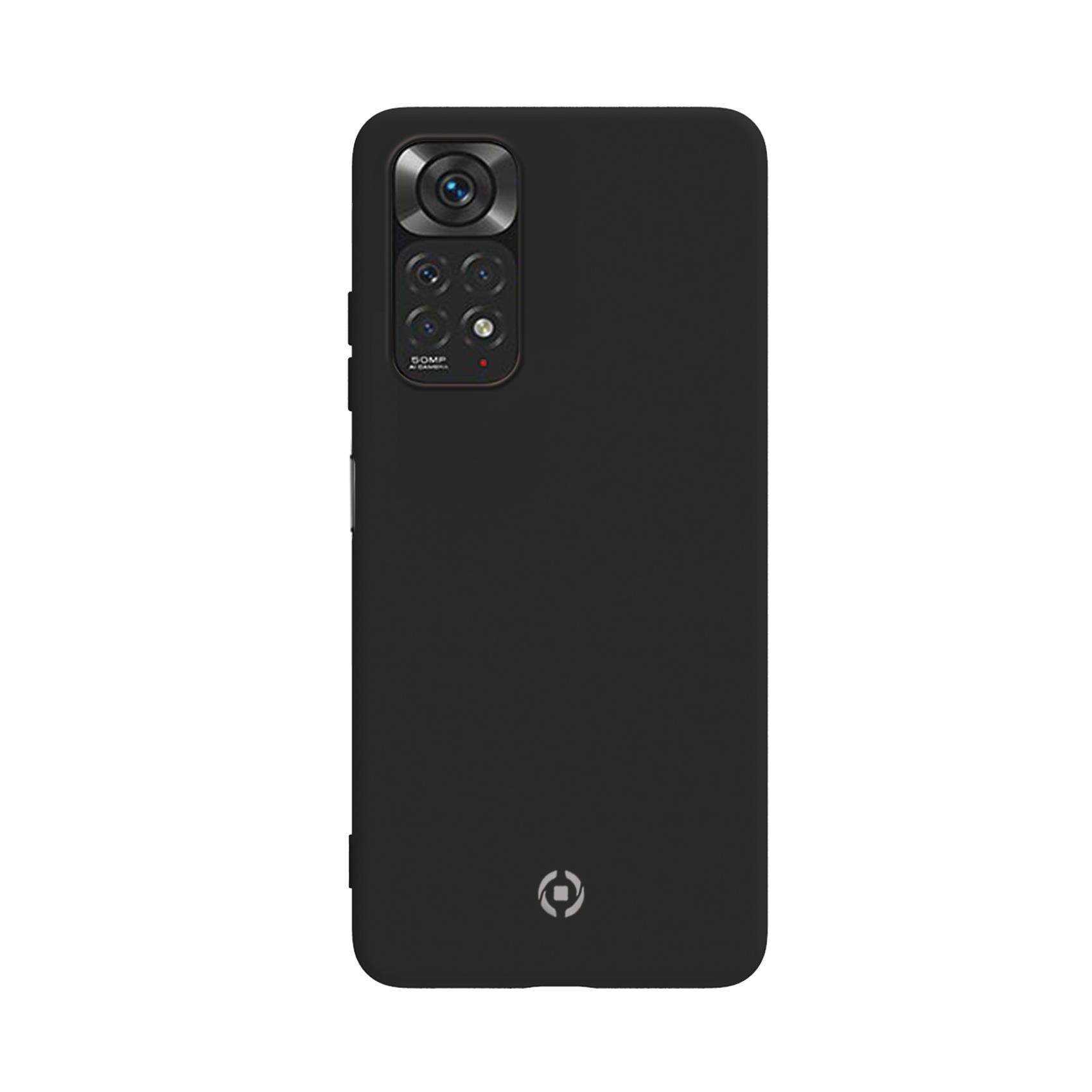 Custodia per telefono nera con sporgenza della fotocamera e logo. Il marchio è Celly.