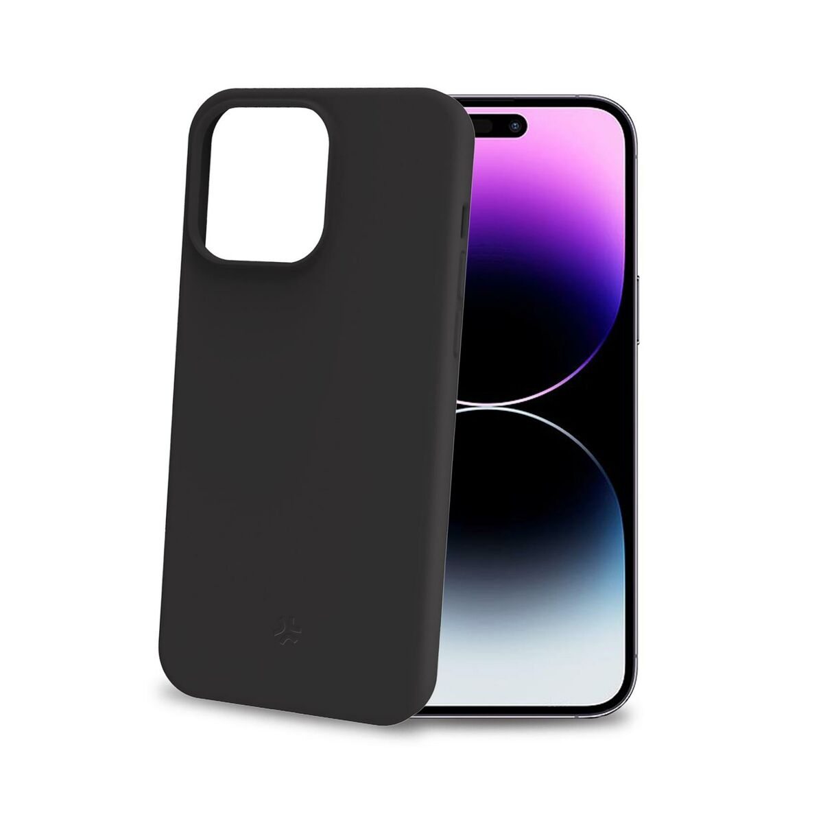 Custodia per telefono nera accanto a un telefono con schermo viola.