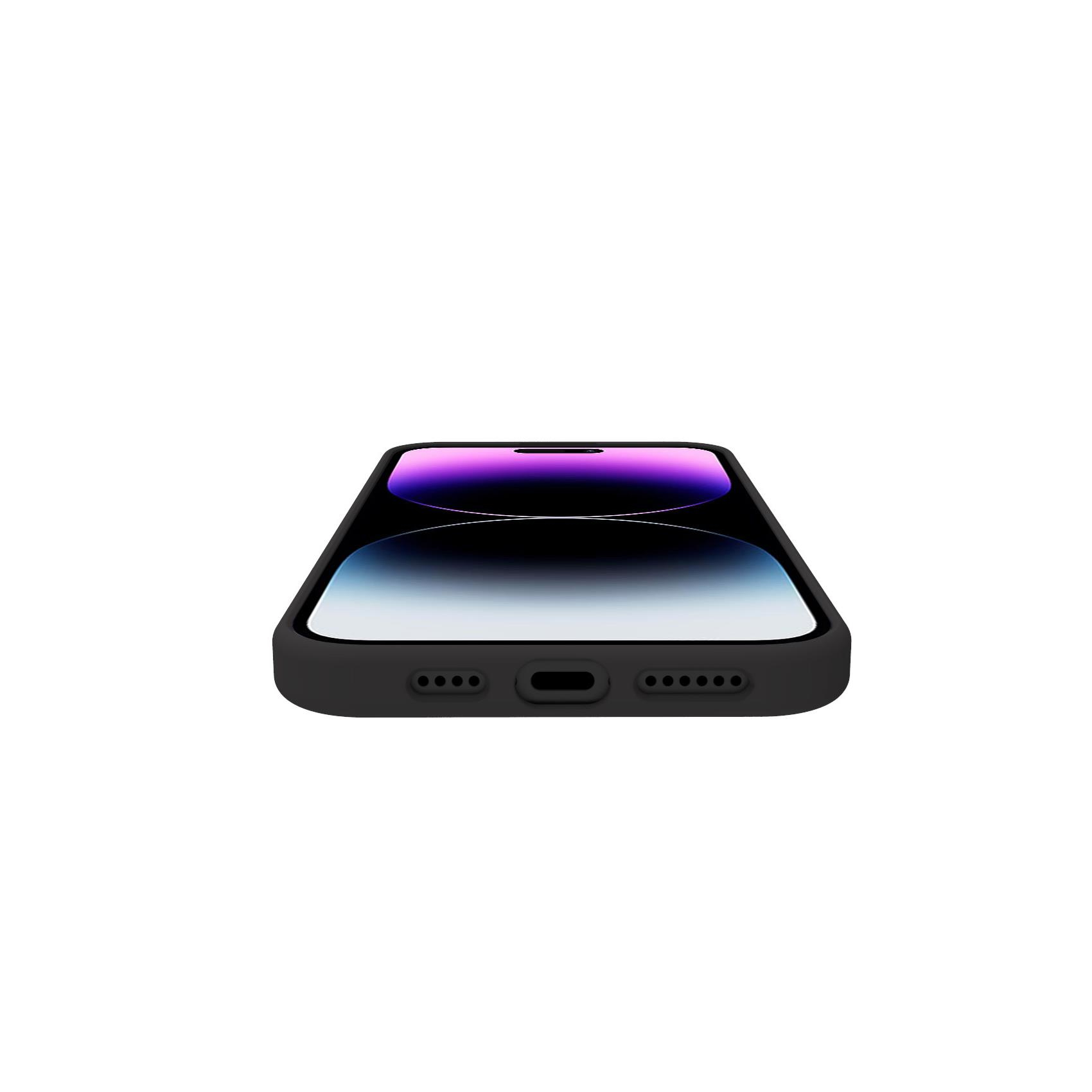 Telefono nero su sfondo bianco. La parte inferiore del telefono è visibile.
