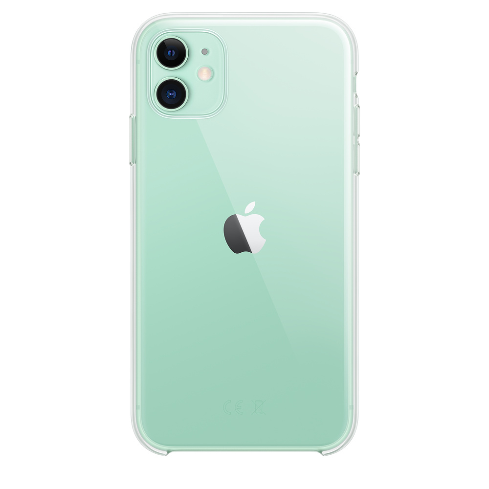 Grünes iPhone 11 mit klarer Hülle, Rückansicht. Zwei Kameralinsen, Apple-Logo.