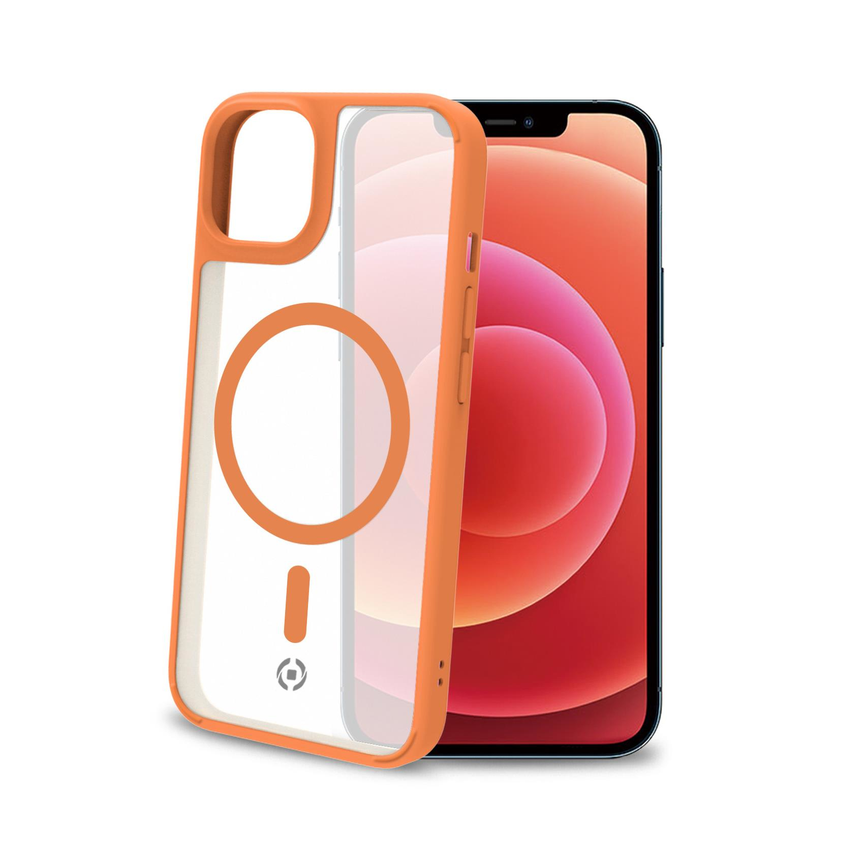 Custodia per telefono arancione e trasparente accanto a un telefono con schermo rosso.