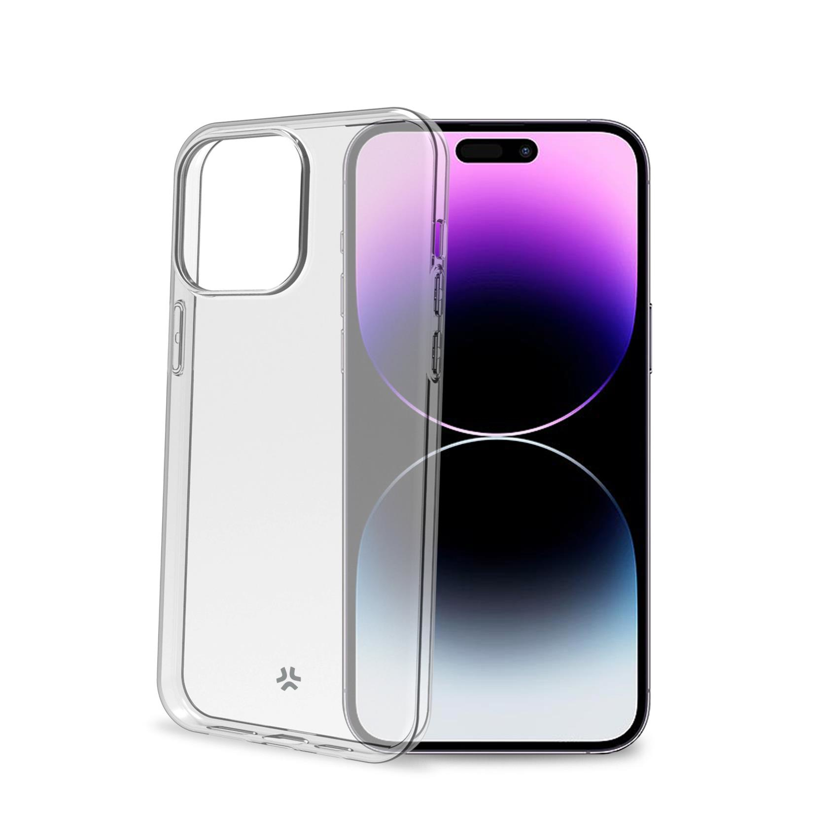 iPhone con custodia, telefono a destra, custodia trasparente a sinistra. La custodia ha un logo.