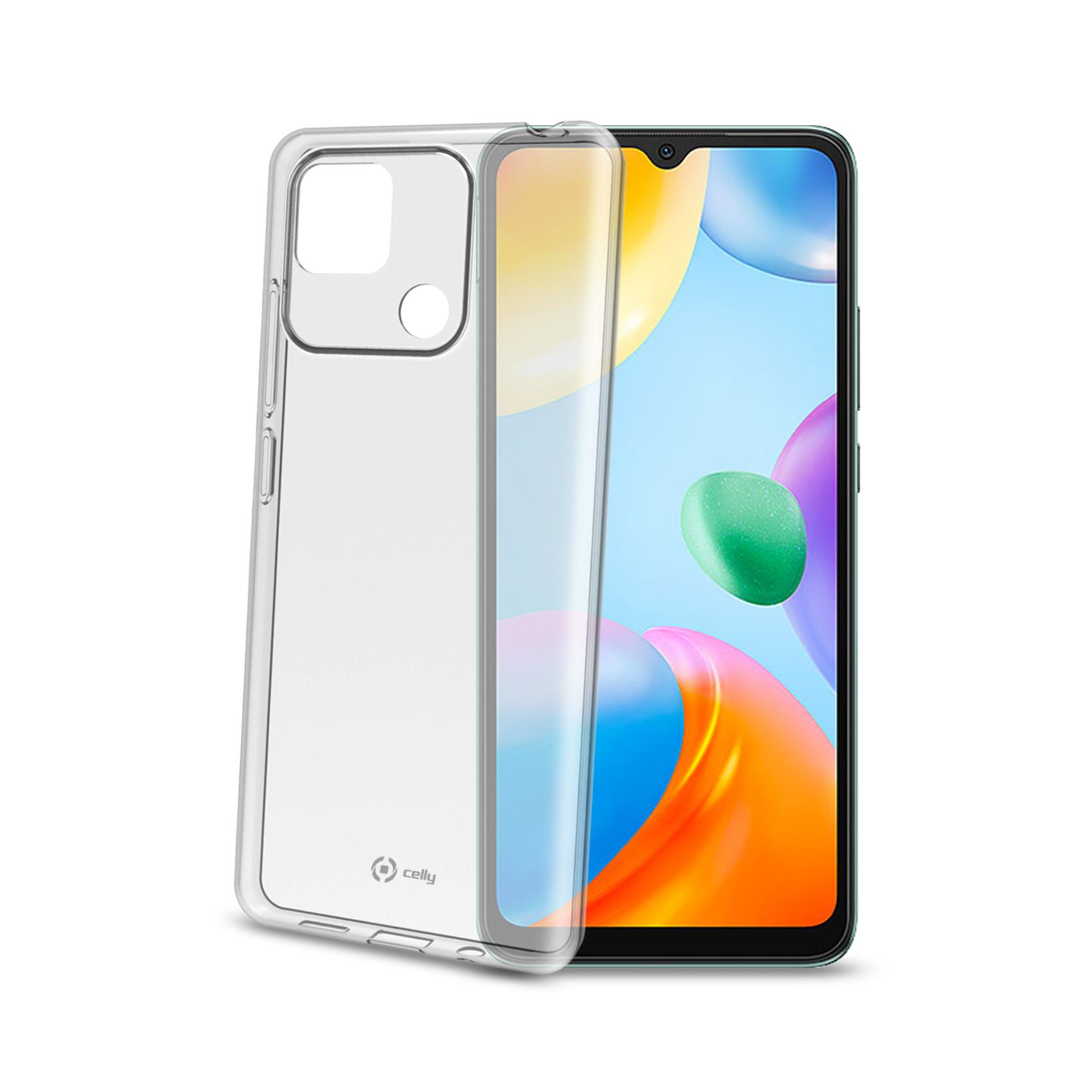 Telefono con custodia trasparente. Il telefono ha un sistema multi-fotocamera.