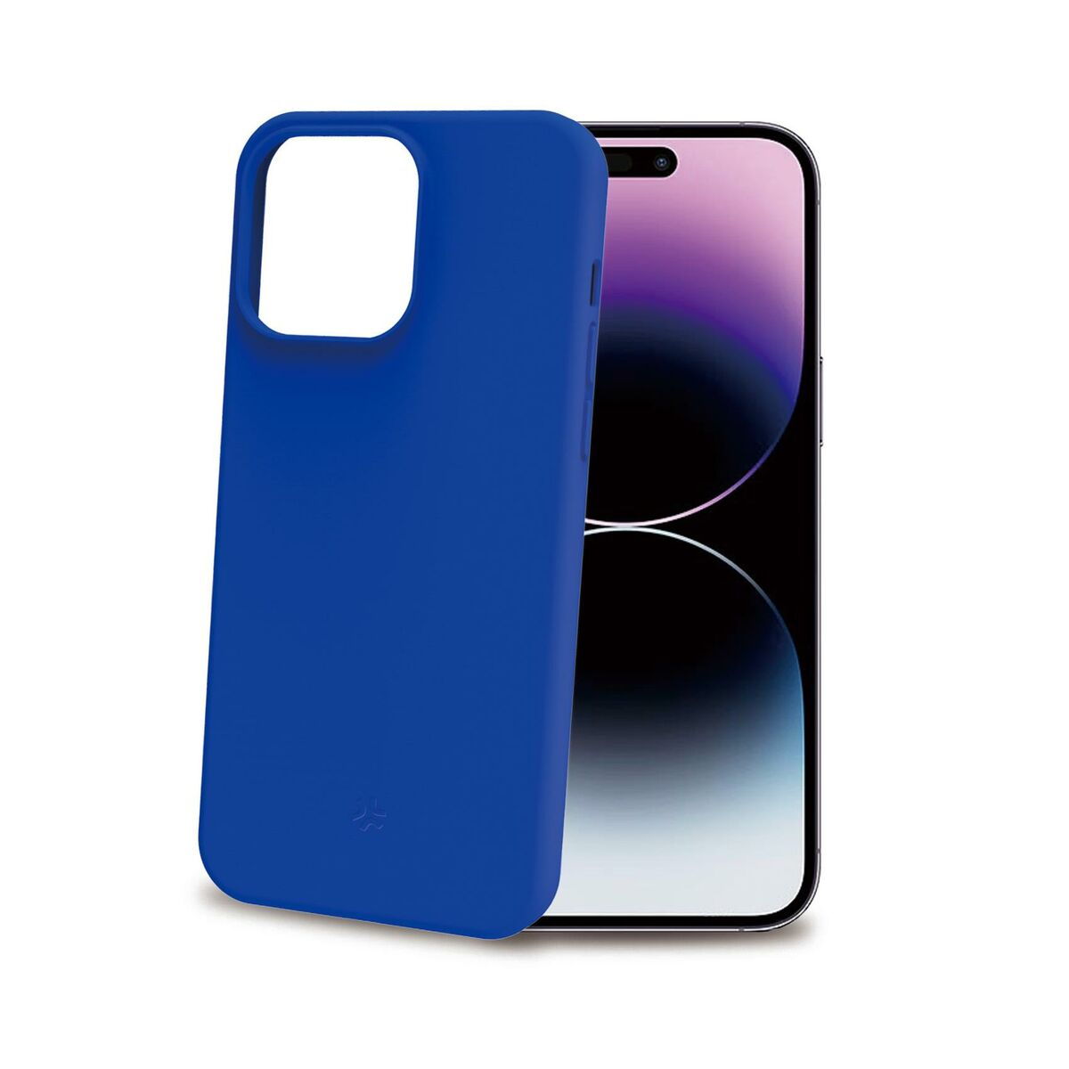 Telefono con custodia blu. Il telefono è nero. Sfondo bianco.
