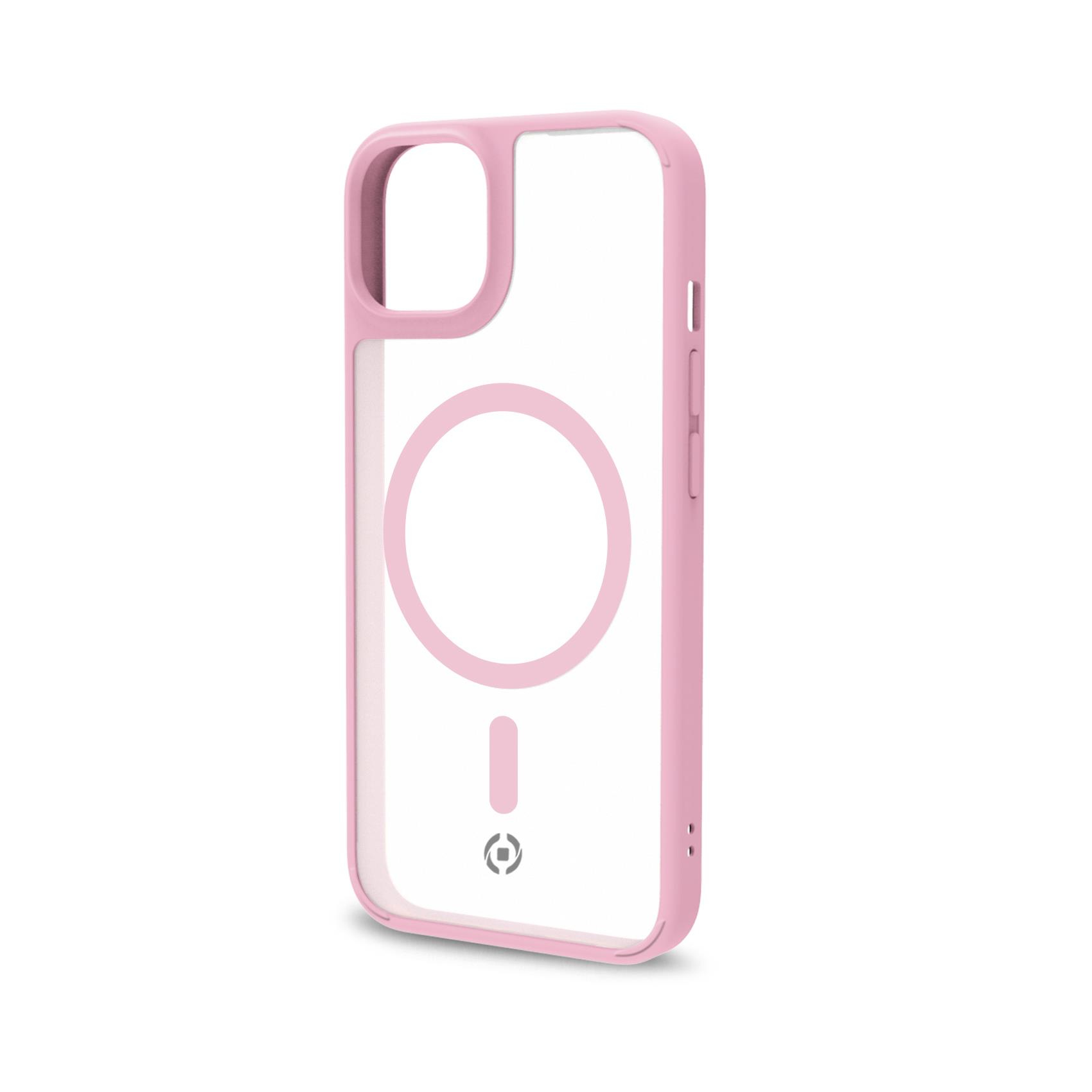 Telefono con custodia rosa. La custodia è trasparente. Sfondo bianco.