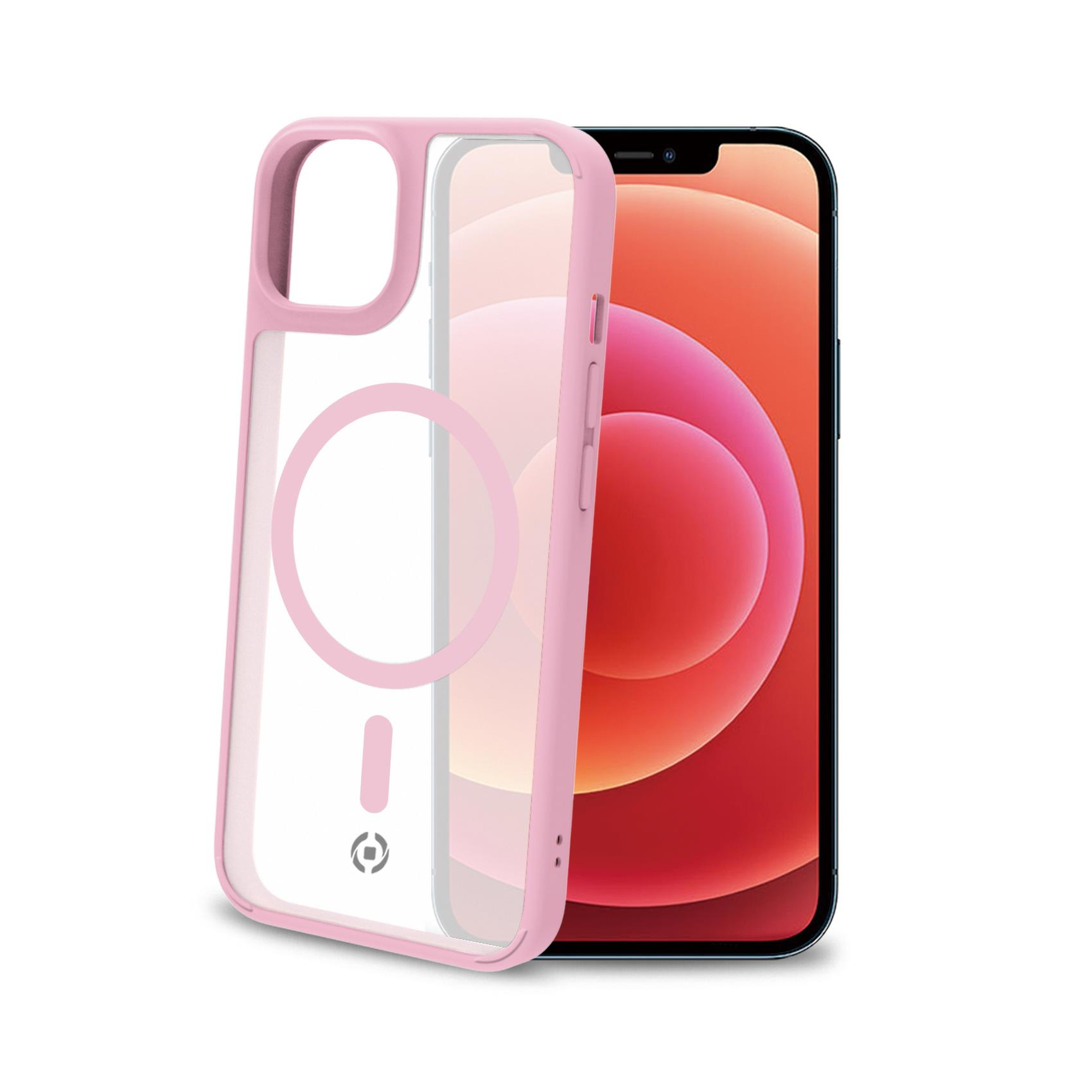 Una cover rosa per telefono accanto a un telefono con schermo rosa e arancione.