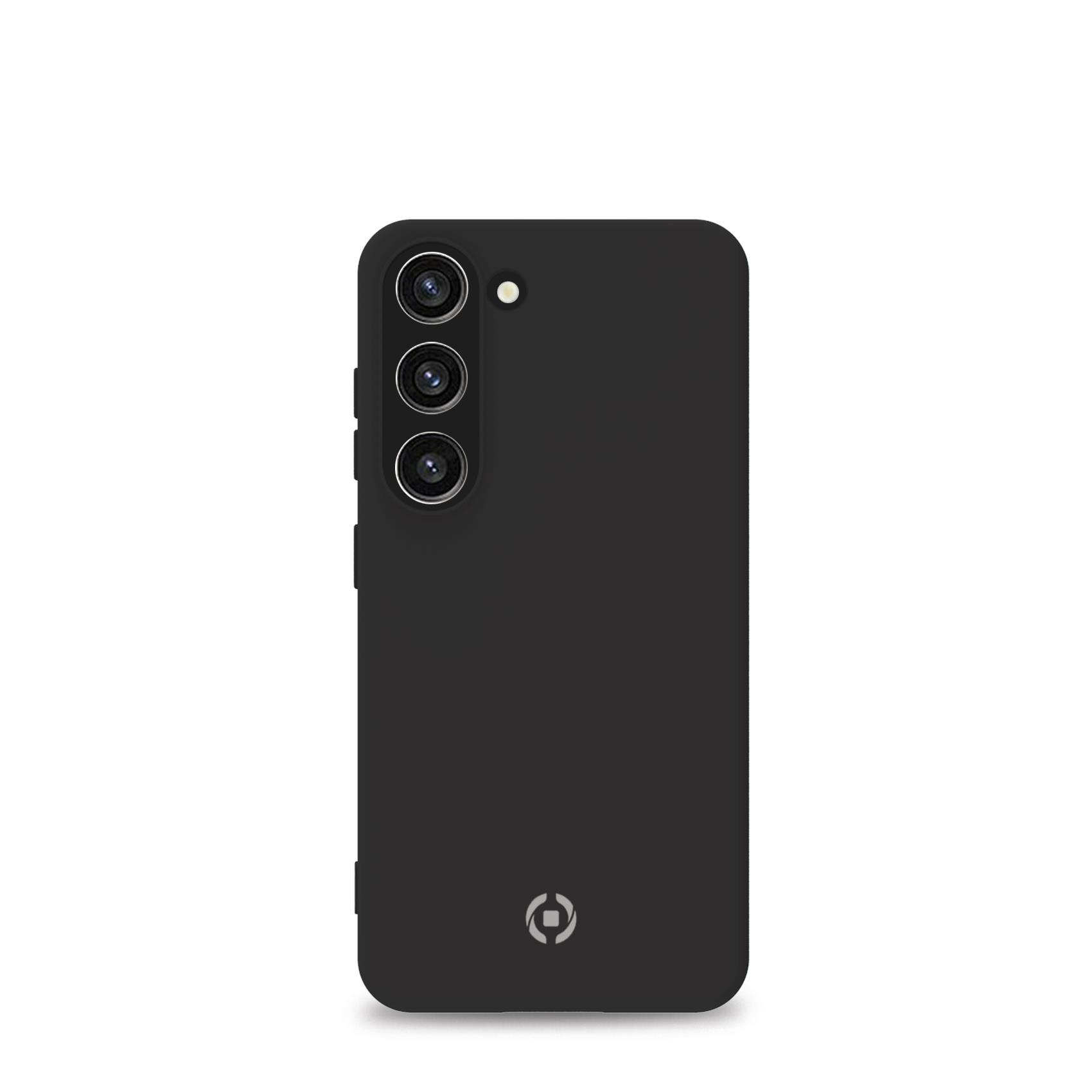 Custodia nera per telefono con tre obiettivi della fotocamera e uno schermo del telefono.
