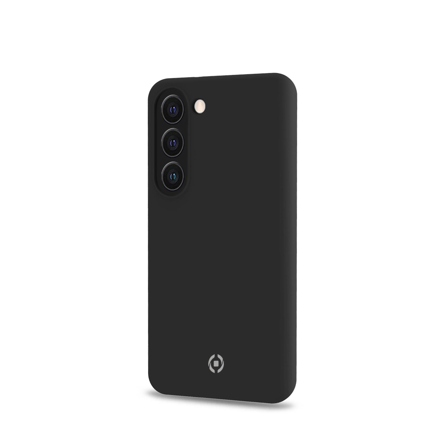 Una custodia per telefono nera con tre obiettivi e un cerchio bianco. È su uno sfondo bianco.