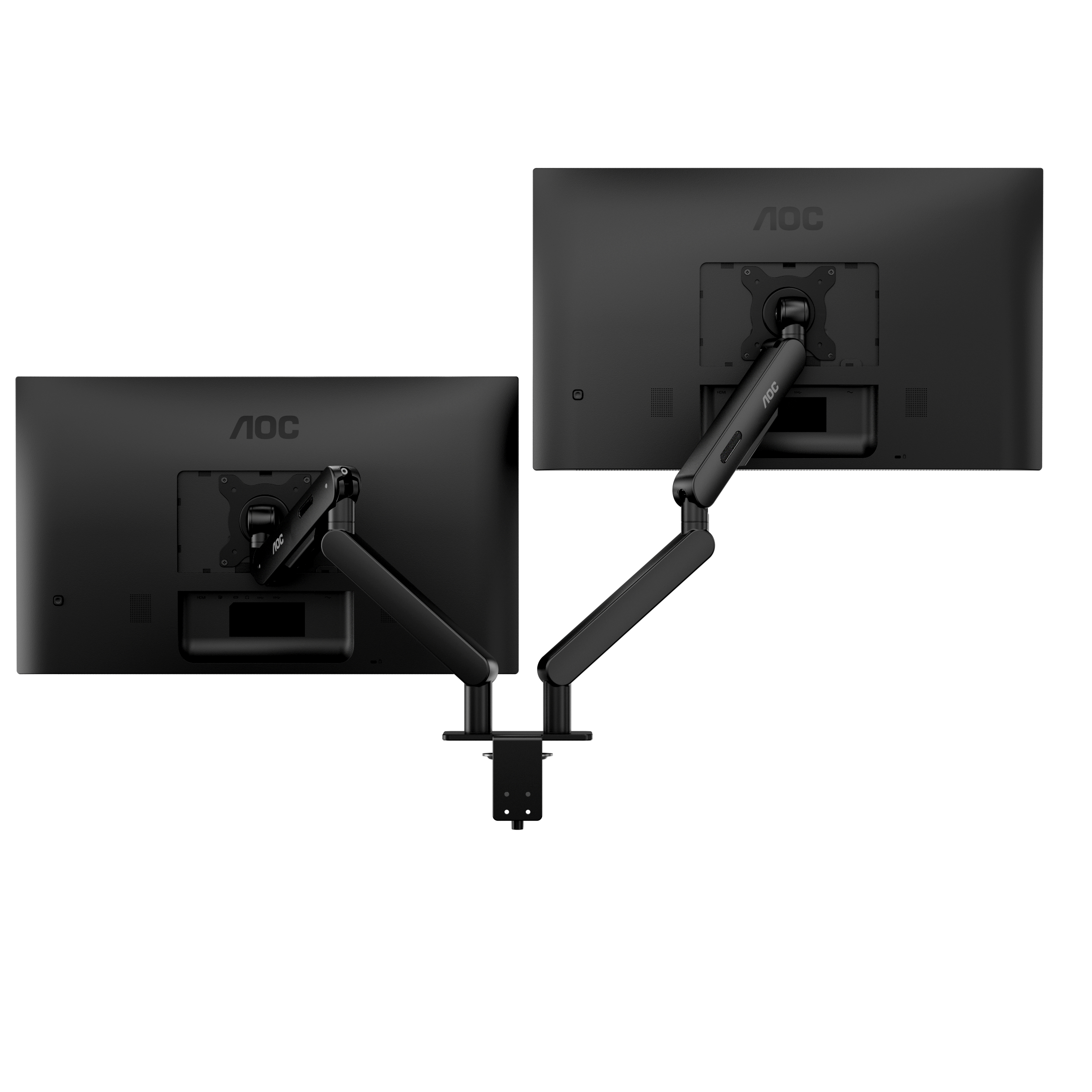 Twee zwarte computermonitoren met een zwarte montagearm. De monitoren staan op een witte achtergrond.