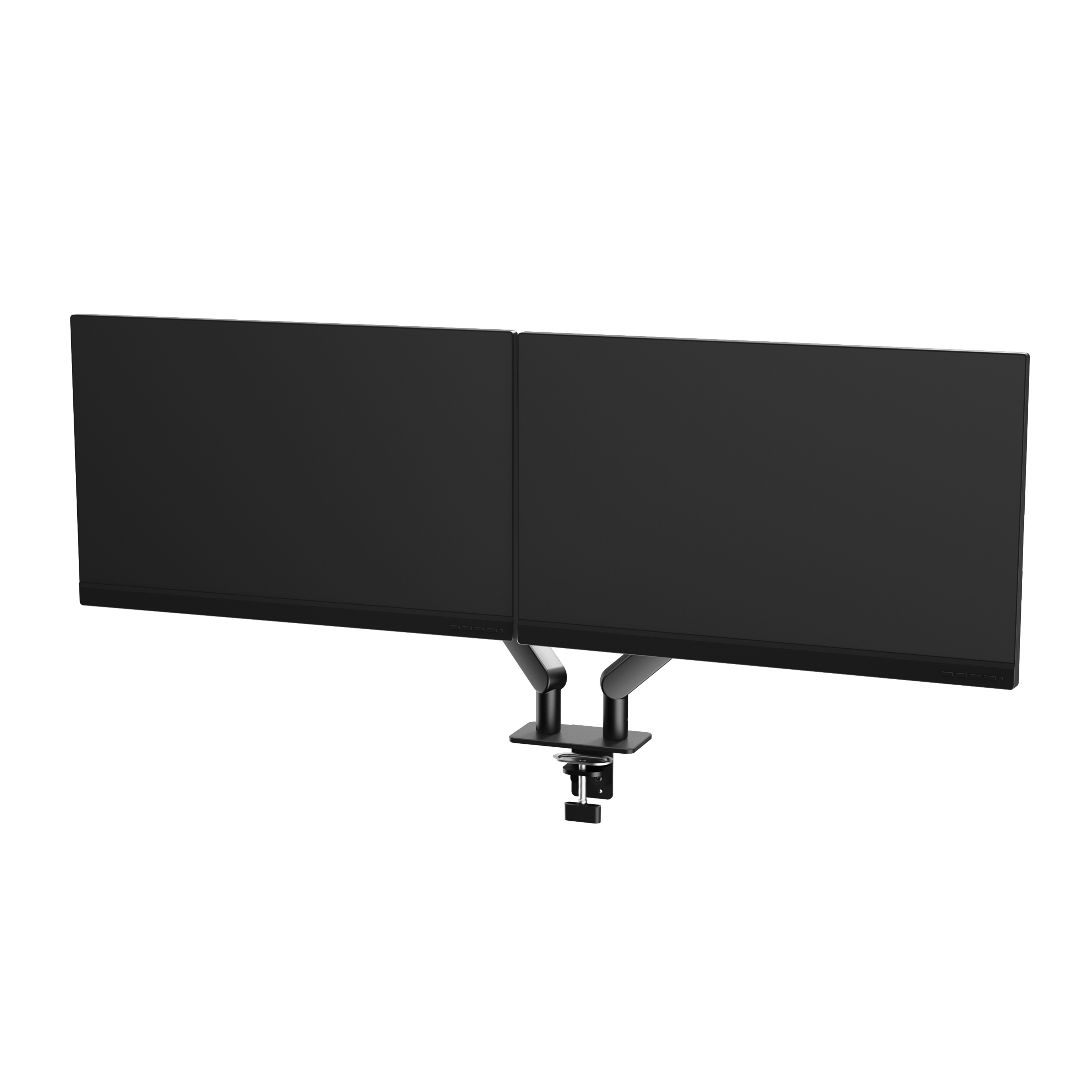 Twee zwarte computermonitoren met een monitorstandaard.