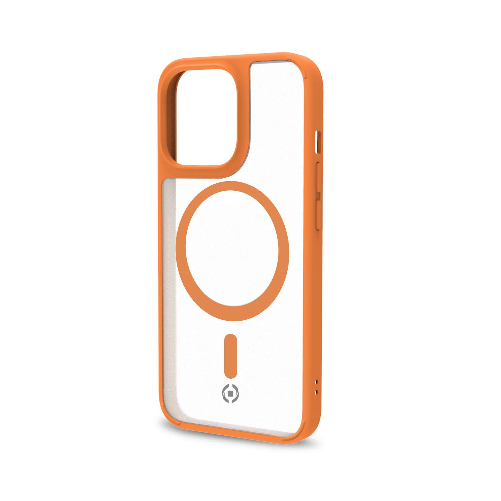 Una custodia per telefono arancione con retro trasparente e un cerchio bianco per la fotocamera. La custodia è trasparente.
