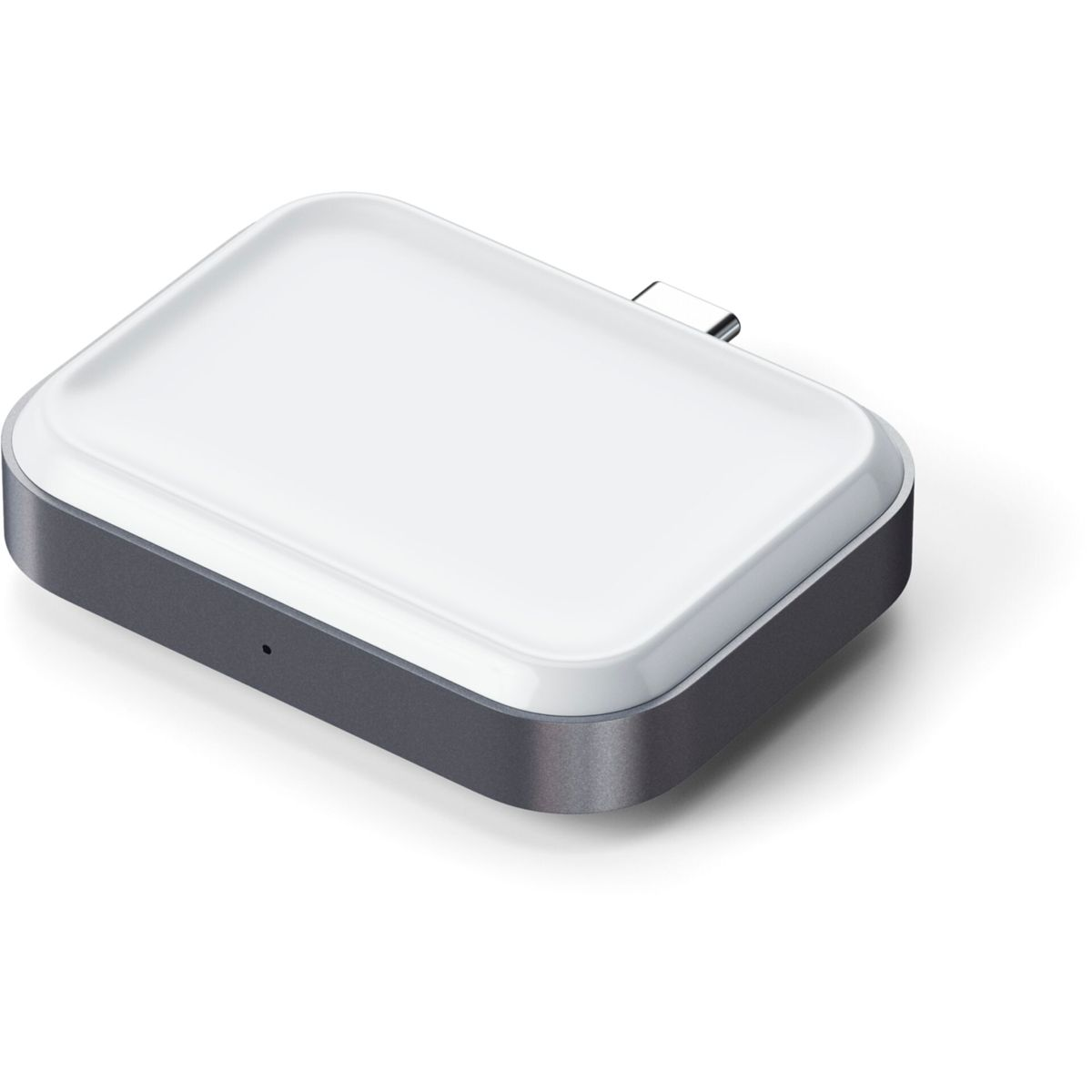 Dispositivo rectangular con puerto USB-C. Parte superior blanca y laterales grises. Fondo blanco.