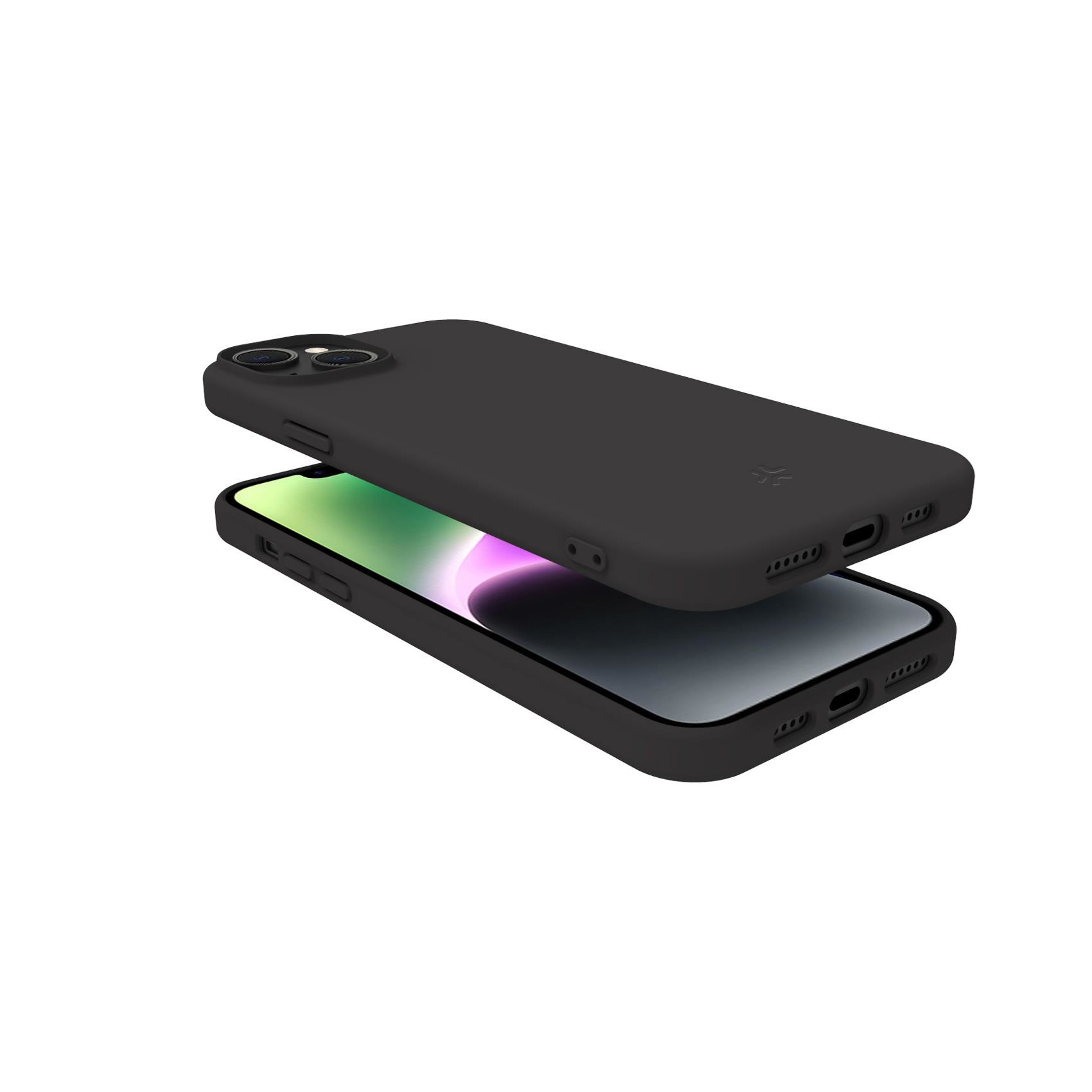 Custodia nera per telefono, aperta, che rivela il telefono. Schermo mostra verde e viola.