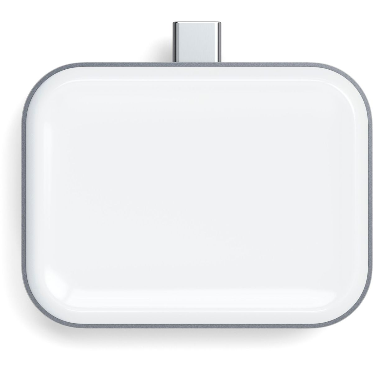 Dispositivo rectangular blanco con conector USB-C plateado.