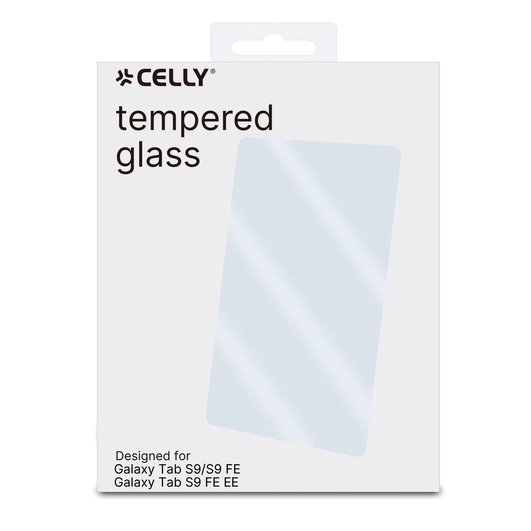 Scatola bianca con protezione schermo. Testo: 'CELLY tempered glass' e 'Galaxy Tab S9/S9 FE'.