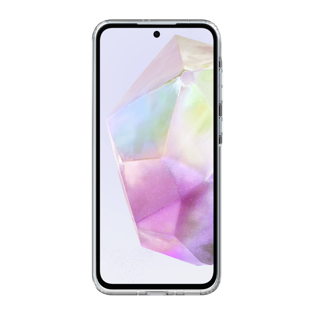 Smartphone mit klarer Hülle, das den Bildschirm zeigt. Display zeigt farbenfrohe Form.