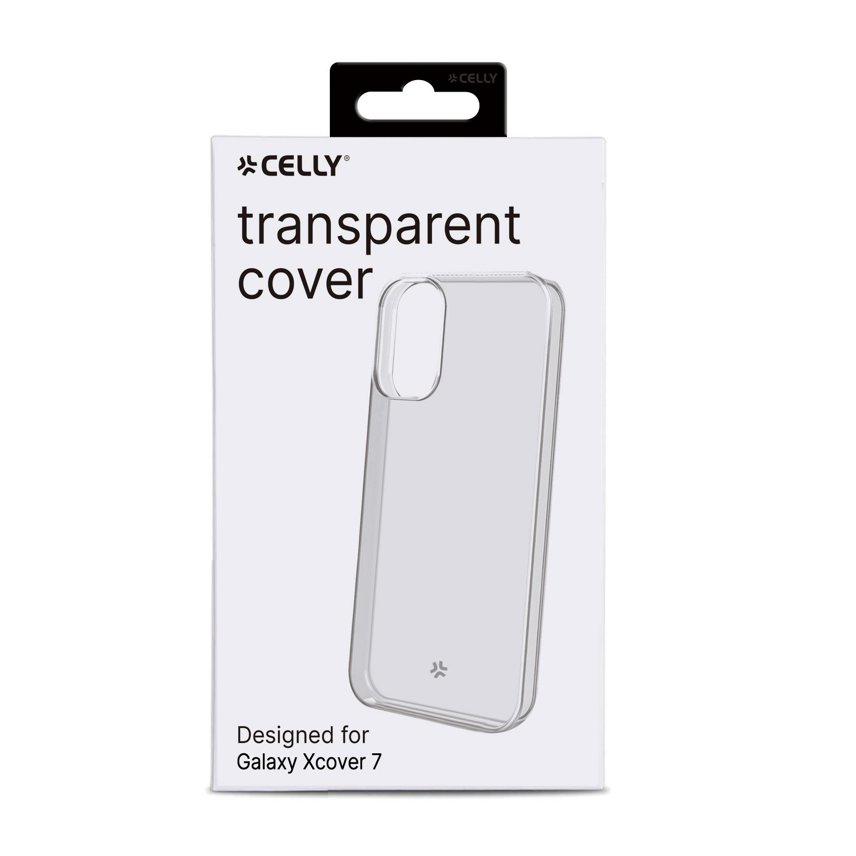Scatola bianca per una cover trasparente. Logo 'Celly', progettata per Galaxy Xcover 7.