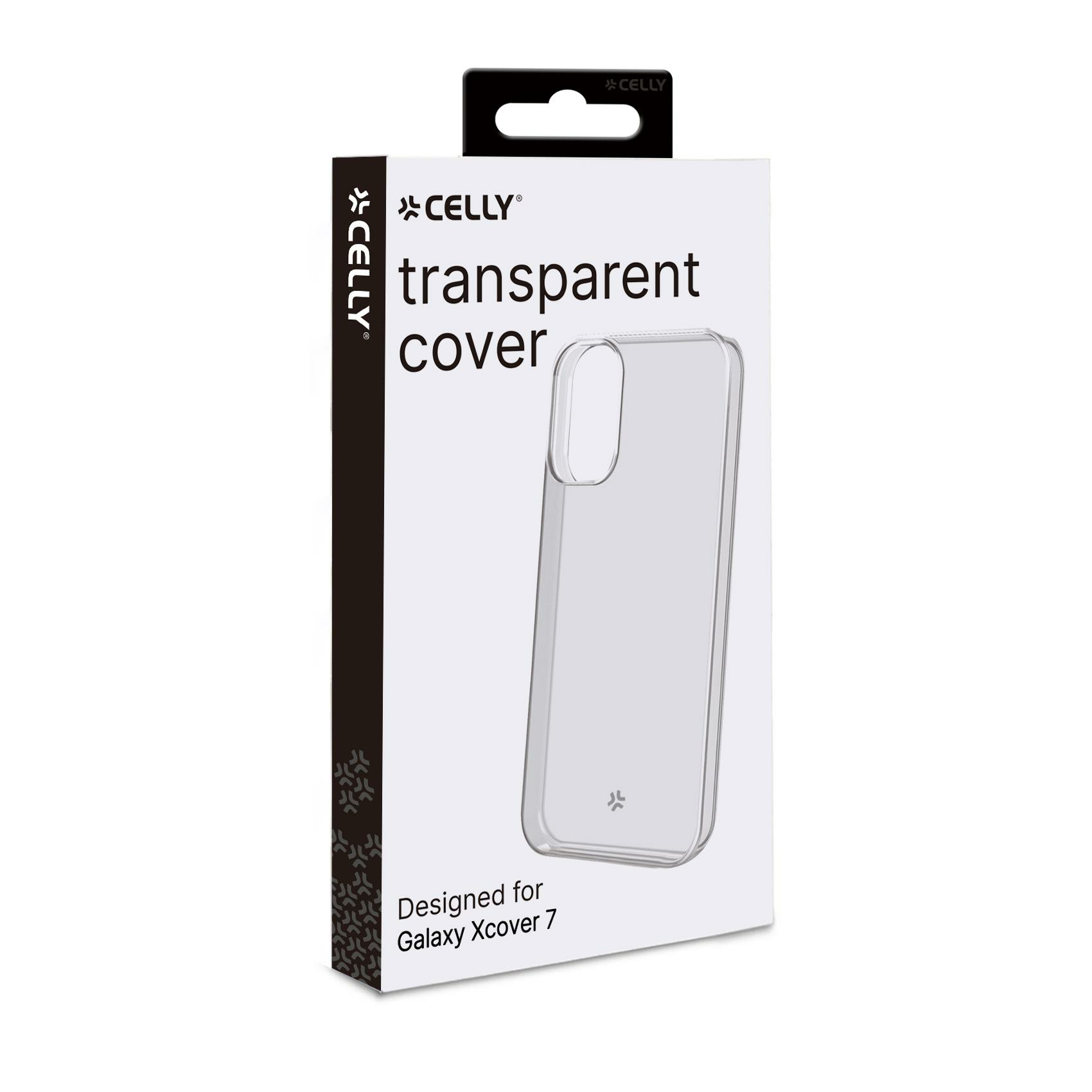 Scatola bianca per una cover trasparente. Logo 'Celly', progettata per Galaxy Xcover 7.