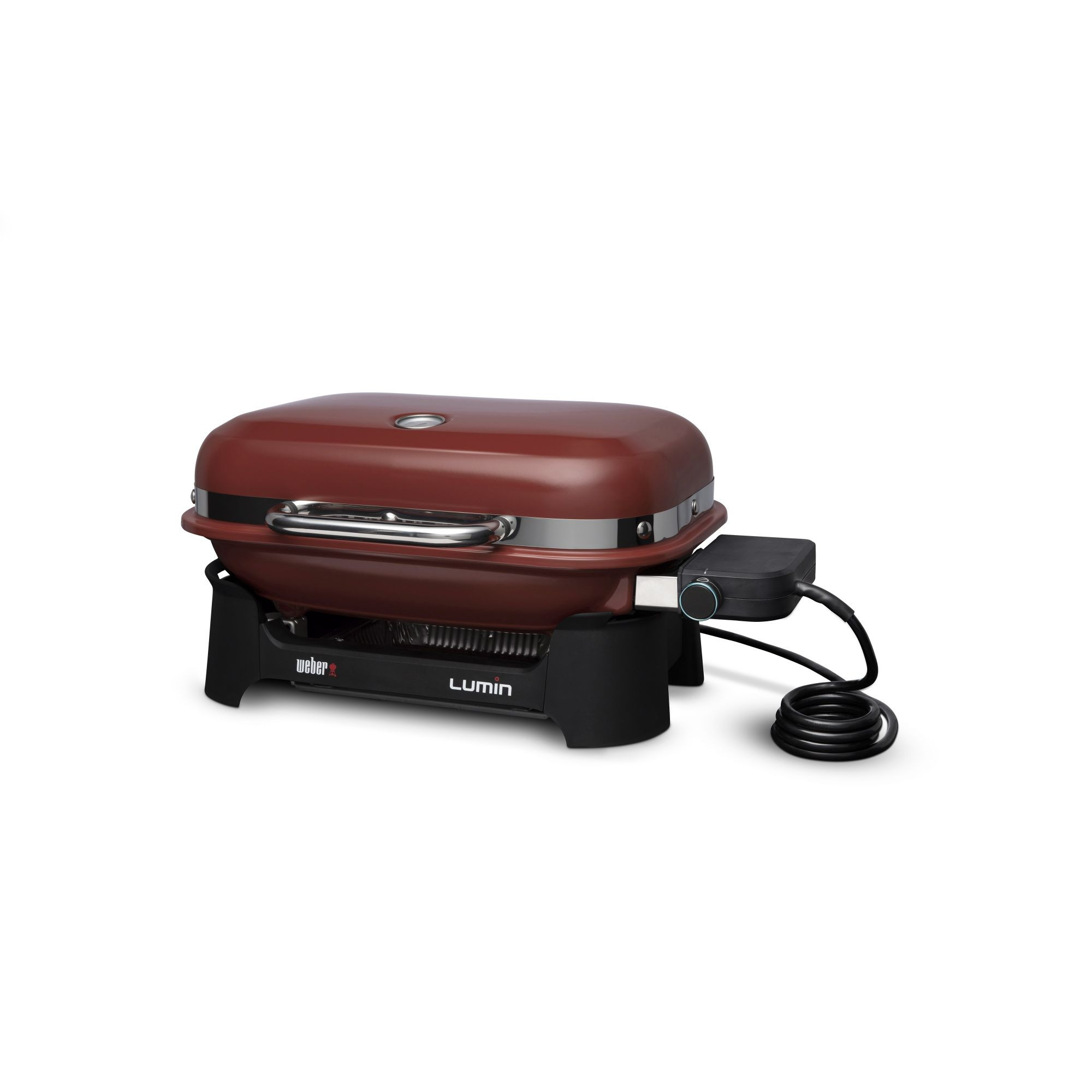 Burgunderroter Weber Lumin Elektrogrill auf einem schwarzen Ständer. Schwarzes Netzkabel ist befestigt.