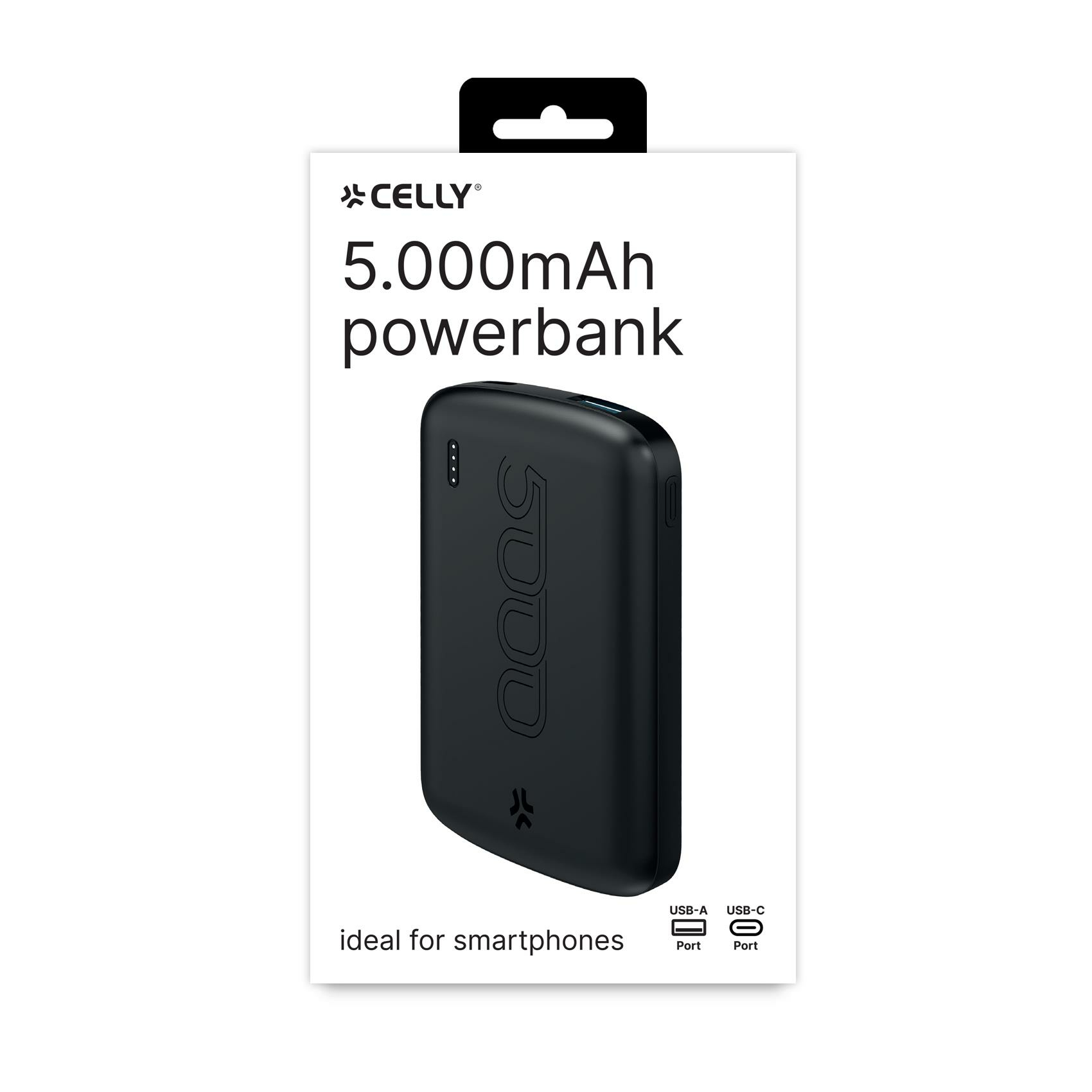 Schwarze Powerbank mit 5.000 mAh auf der Vorderseite. In einer schwarz-weißen Verpackung.