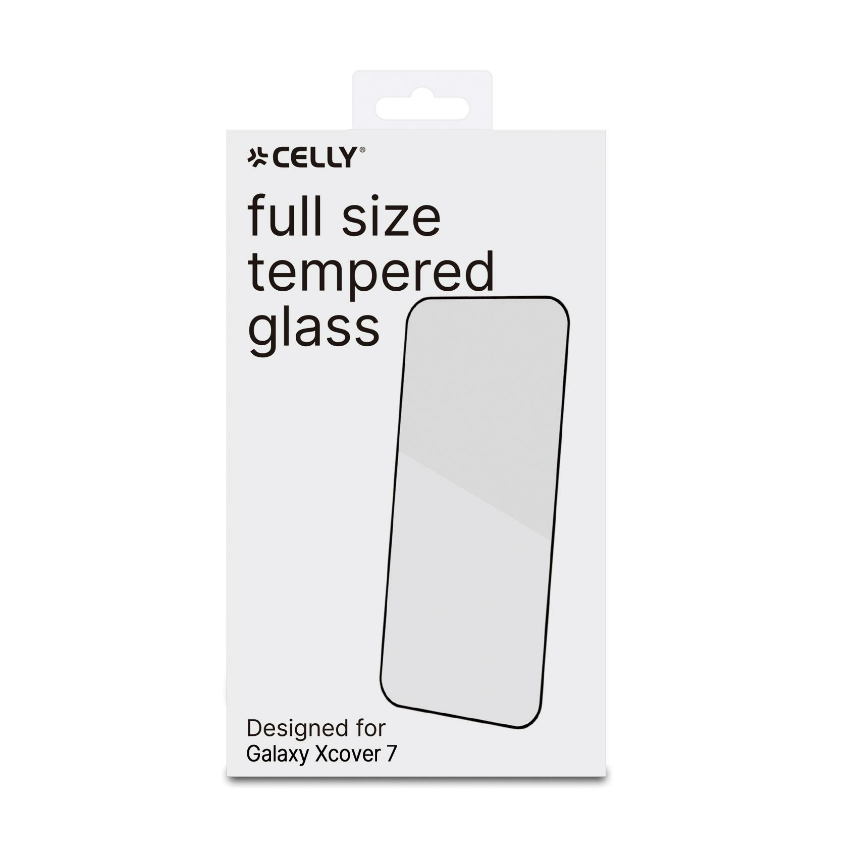 Scatola con vetro temperato e contorno telefono, sfondo bianco, marca Celly, per Galaxy.