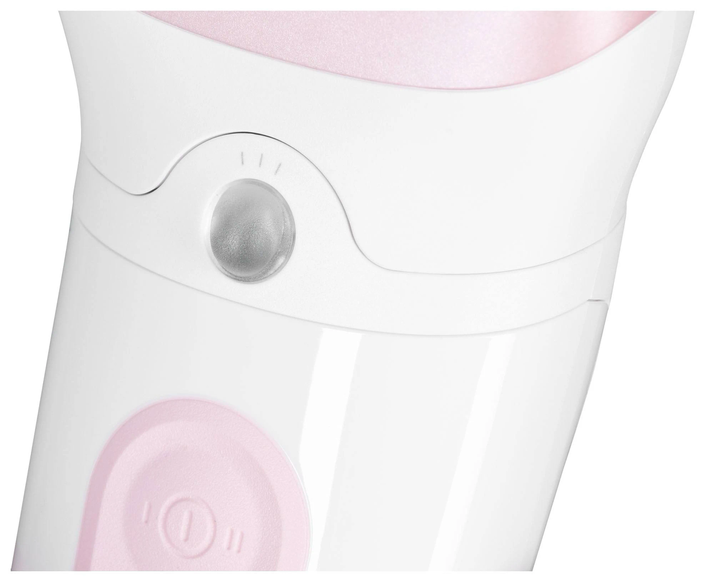 Zbliżenie białego i różowego urządzenia z przyciskiem i różowym kółkiem na białym tle.